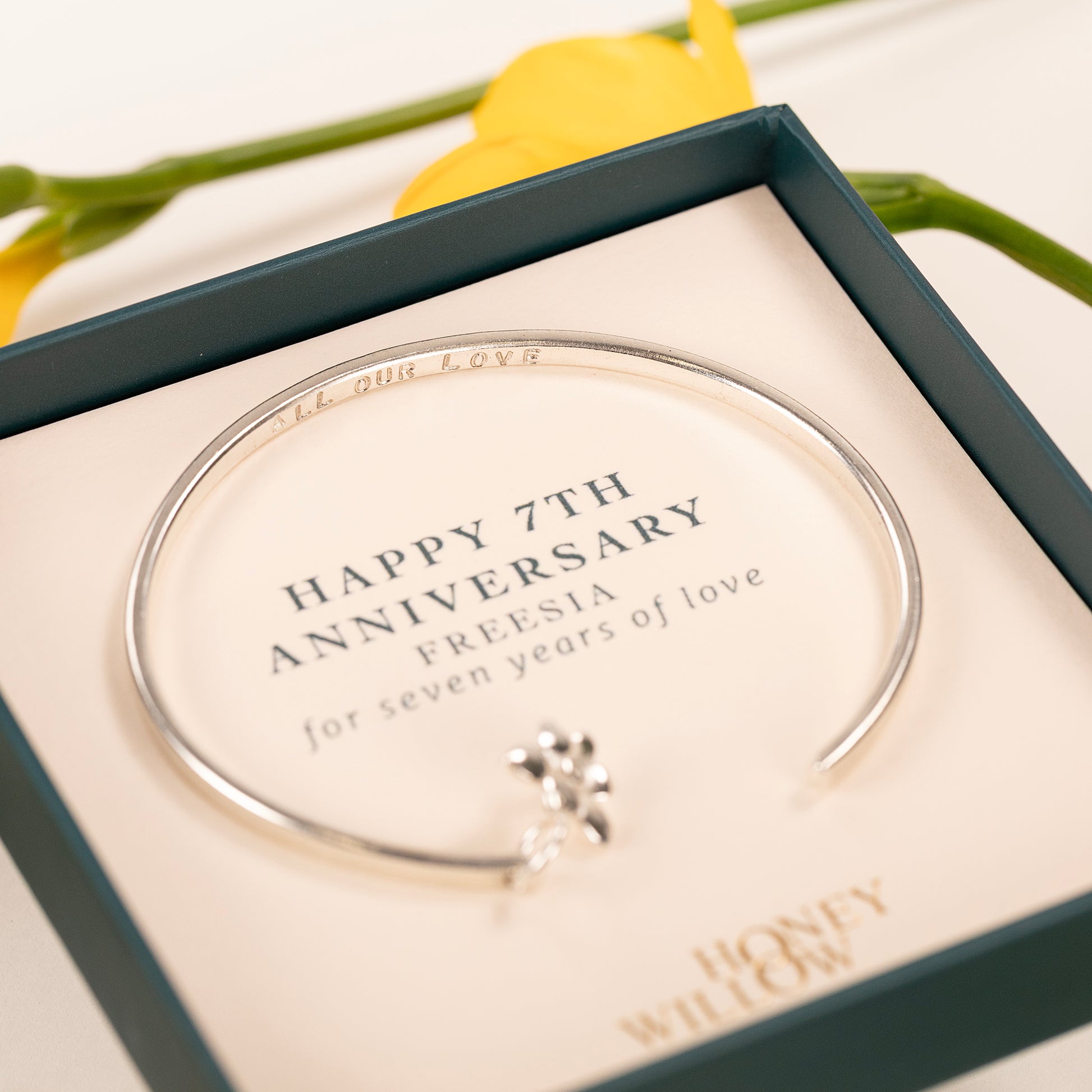7th Anniversary Gift - Personalised Freesia Torc Bangle - Silver