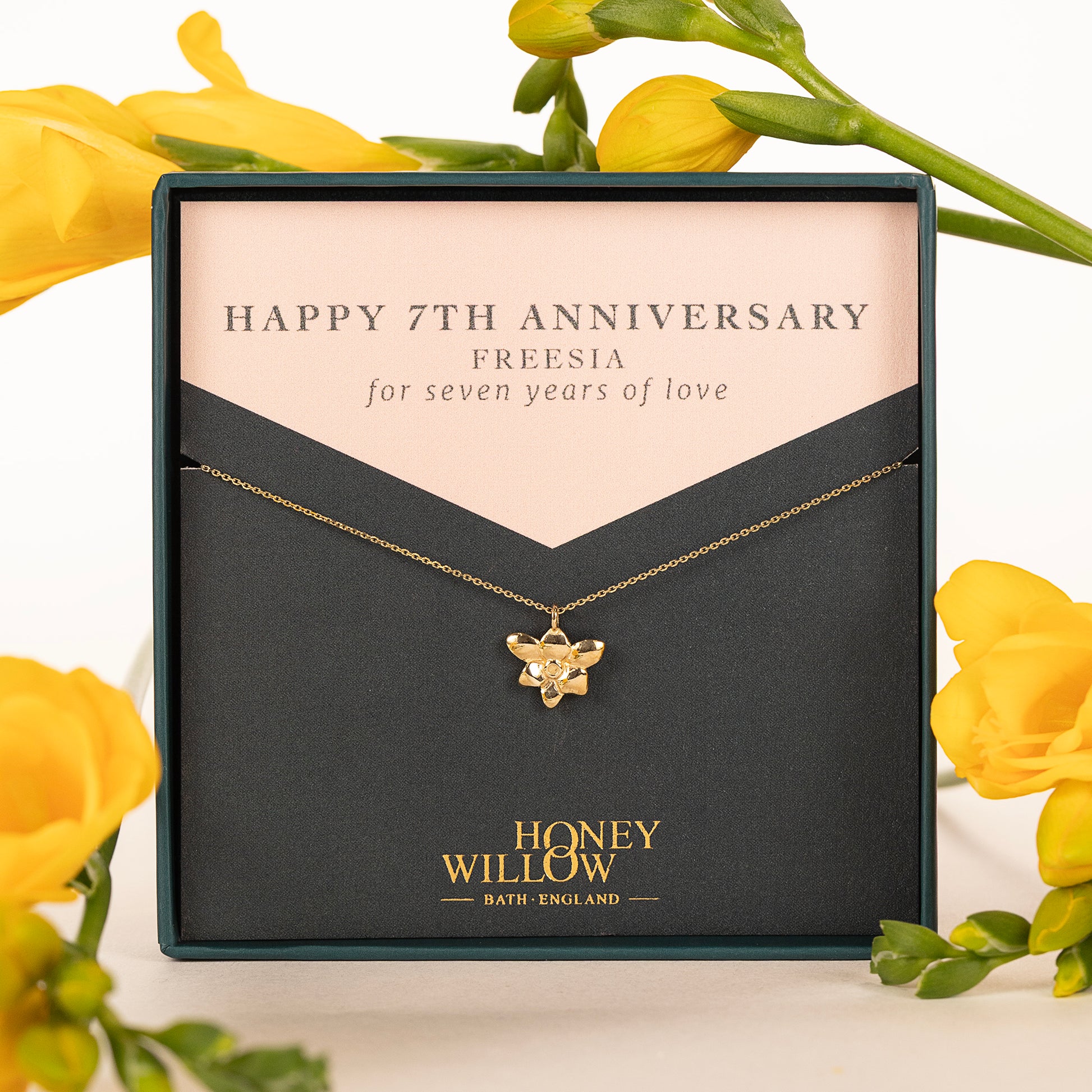 7th Anniversary Gift - Freesia Flower Necklace - 9kt Gold