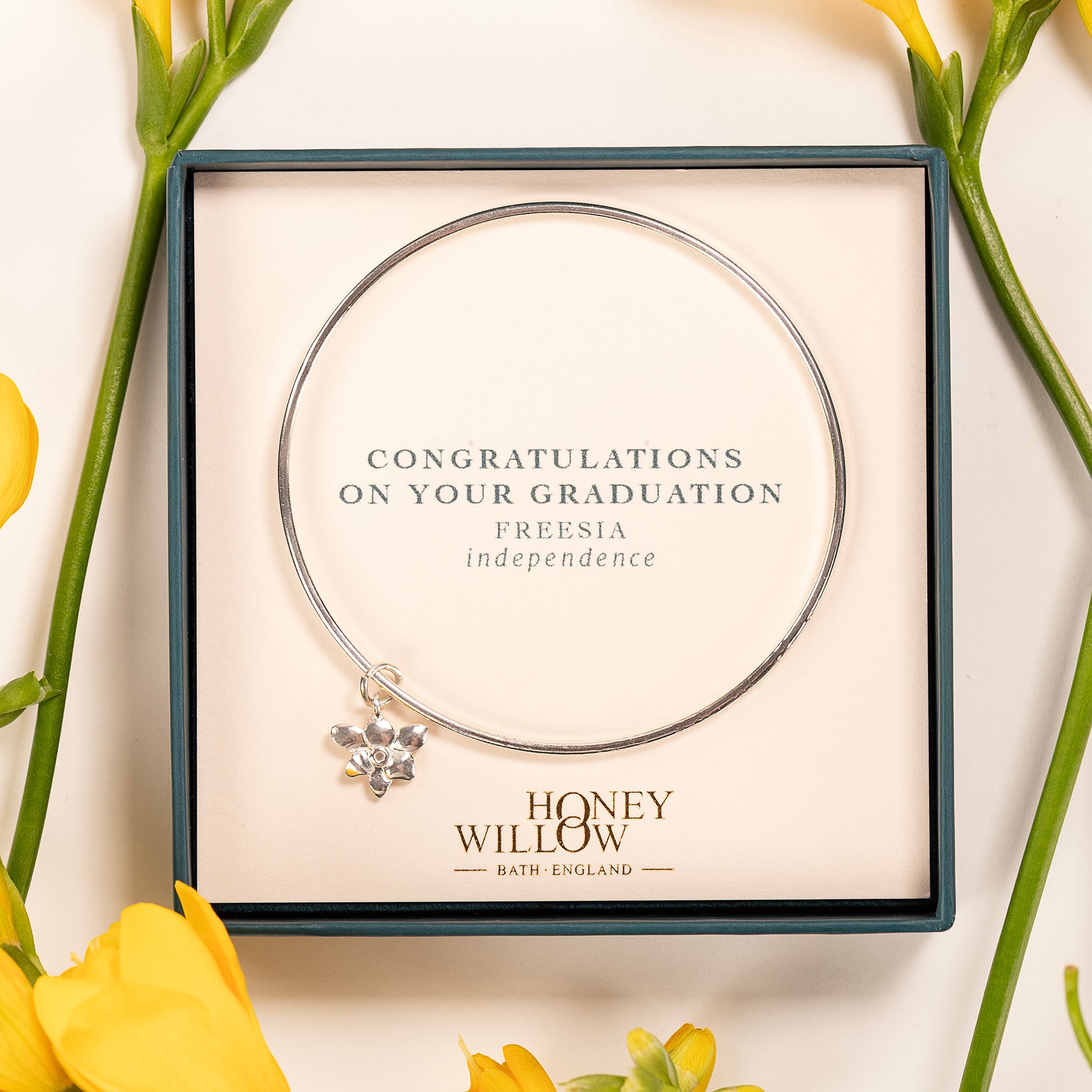 Graduation Gift - Personalised Freesia Bangle - Independence - Silver