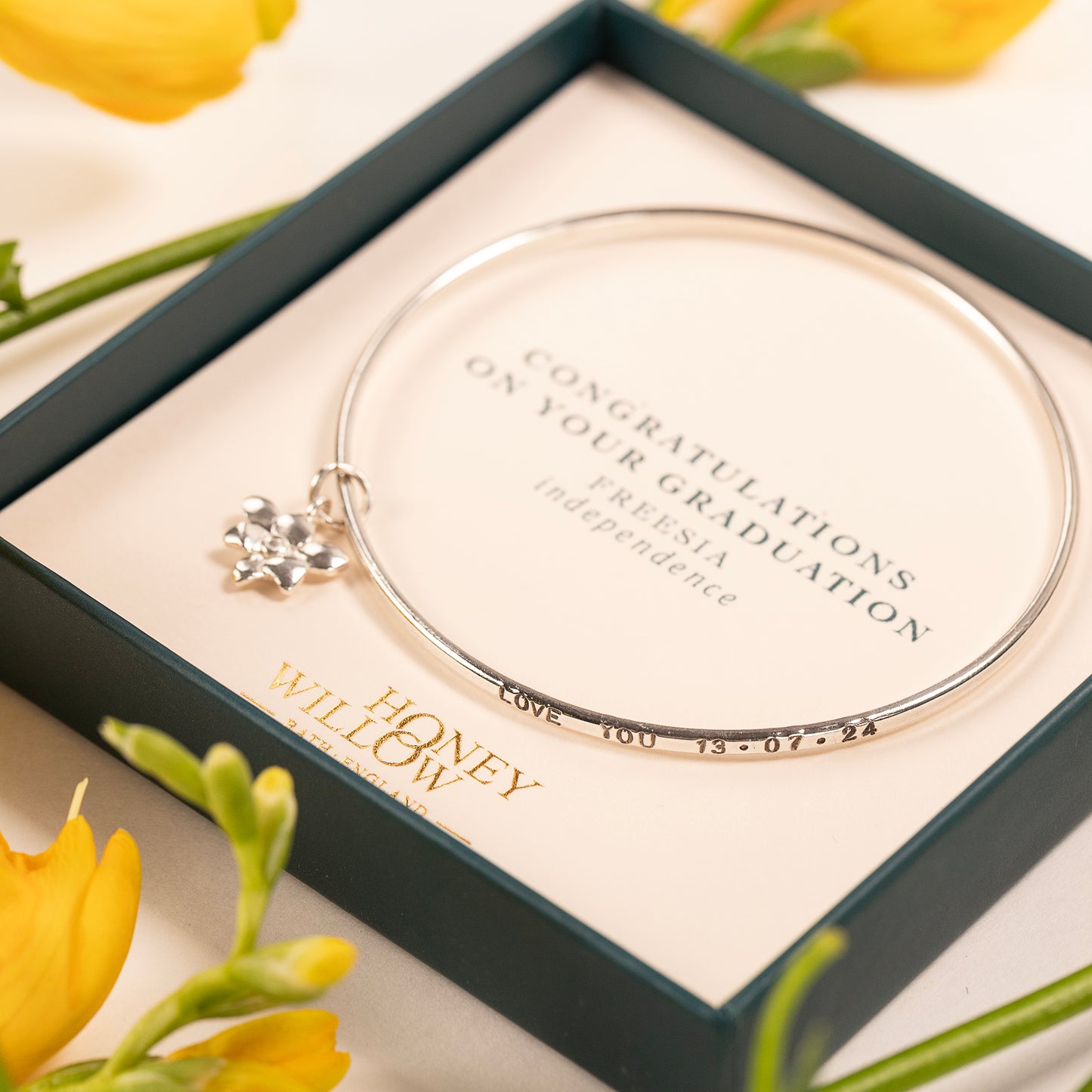 Graduation Gift - Personalised Freesia Bangle - Independence - Silver