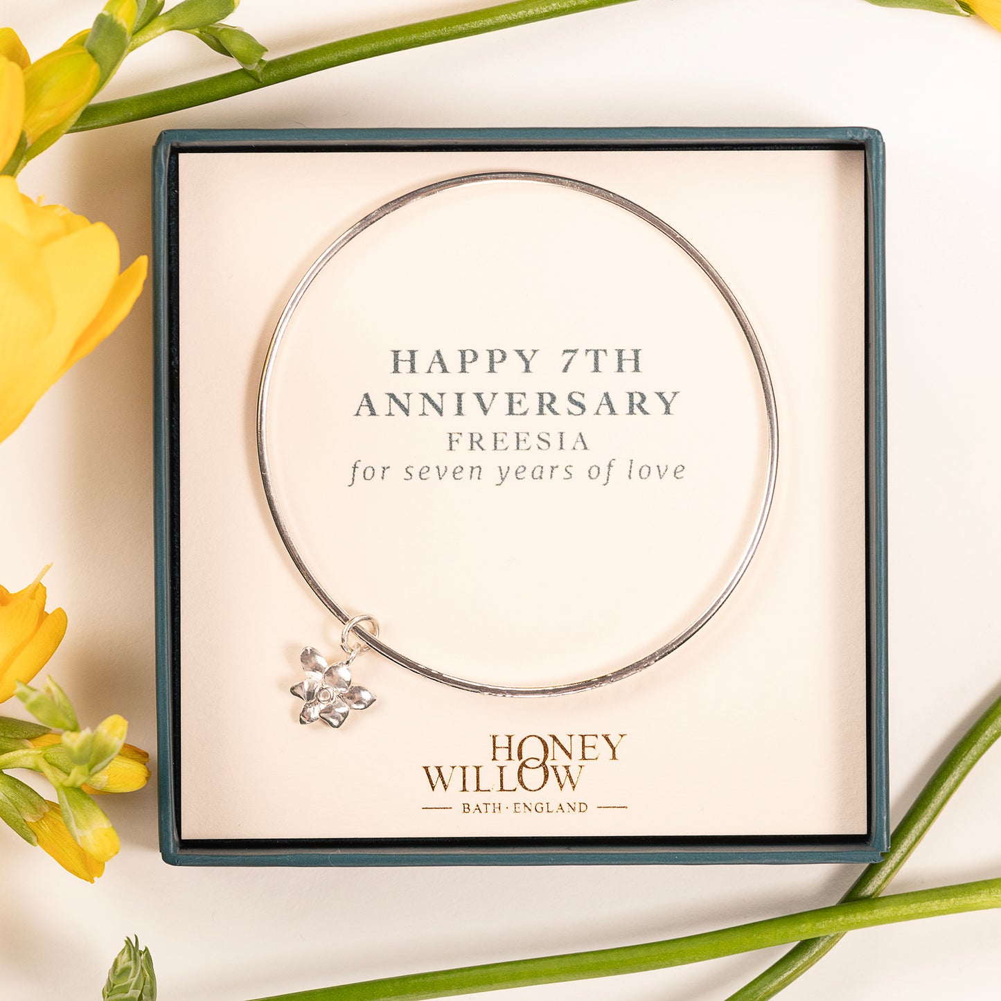 7th Anniversary Gift - Personalised Freesia Bangle - Silver