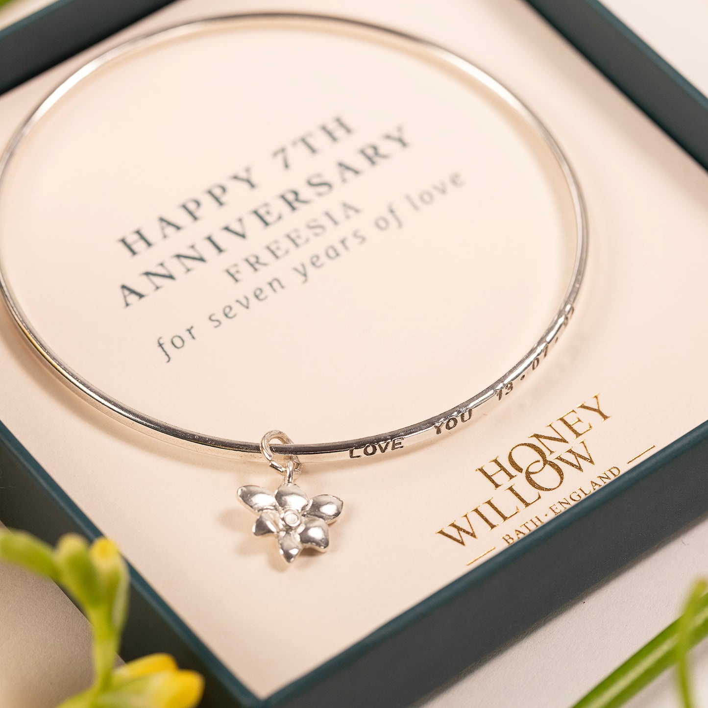 7th Anniversary Gift - Personalised Freesia Bangle - Silver
