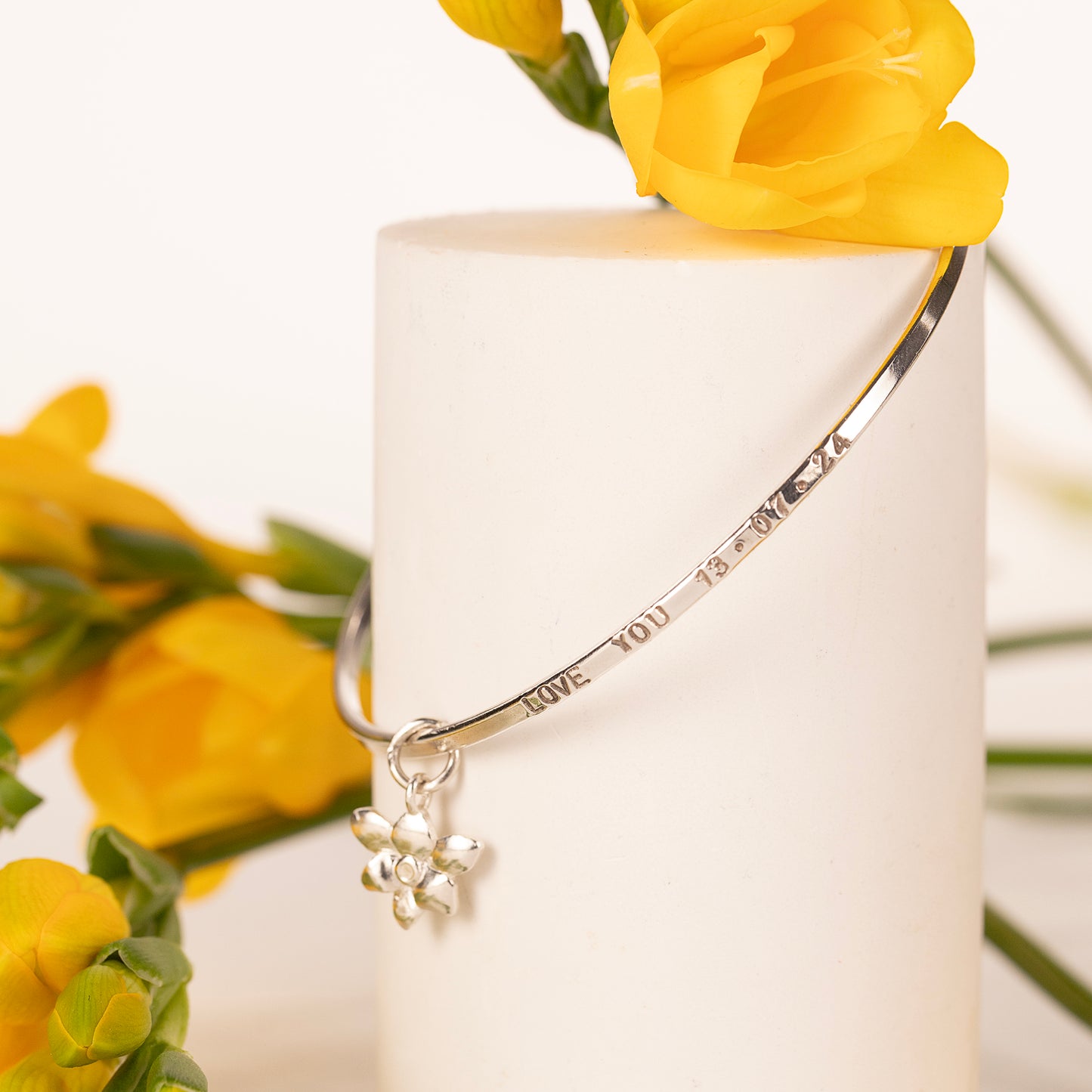 Graduation Gift - Personalised Freesia Bangle - Independence - Silver