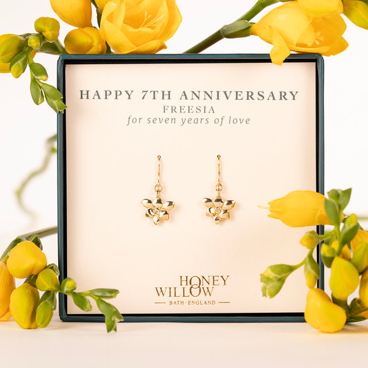 7th Anniversary Gift - Freesia Flower Earrings - 9kt Gold
