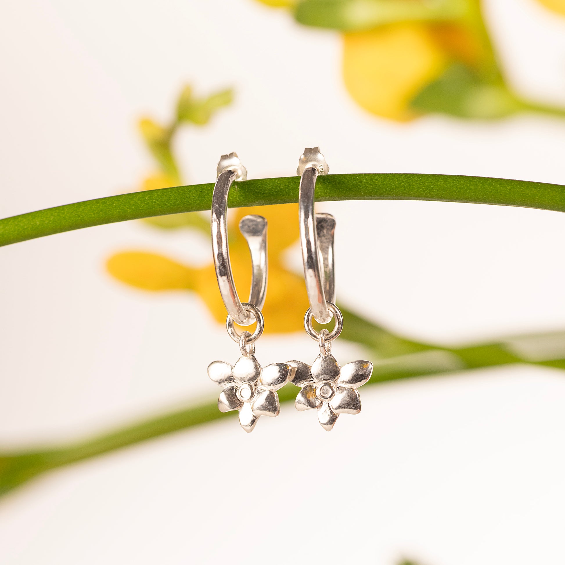Graduation Gift - Freesia Flower Hoop Earrings - Silver - 2cm