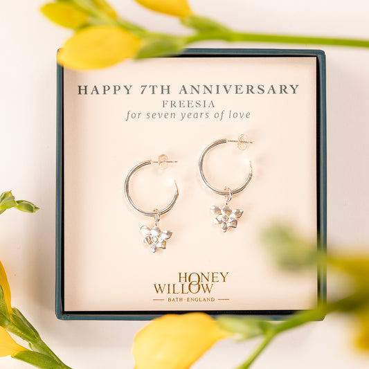 7th Anniversary Gift - Freesia Flower Hoop Earrings - Silver - 2cm