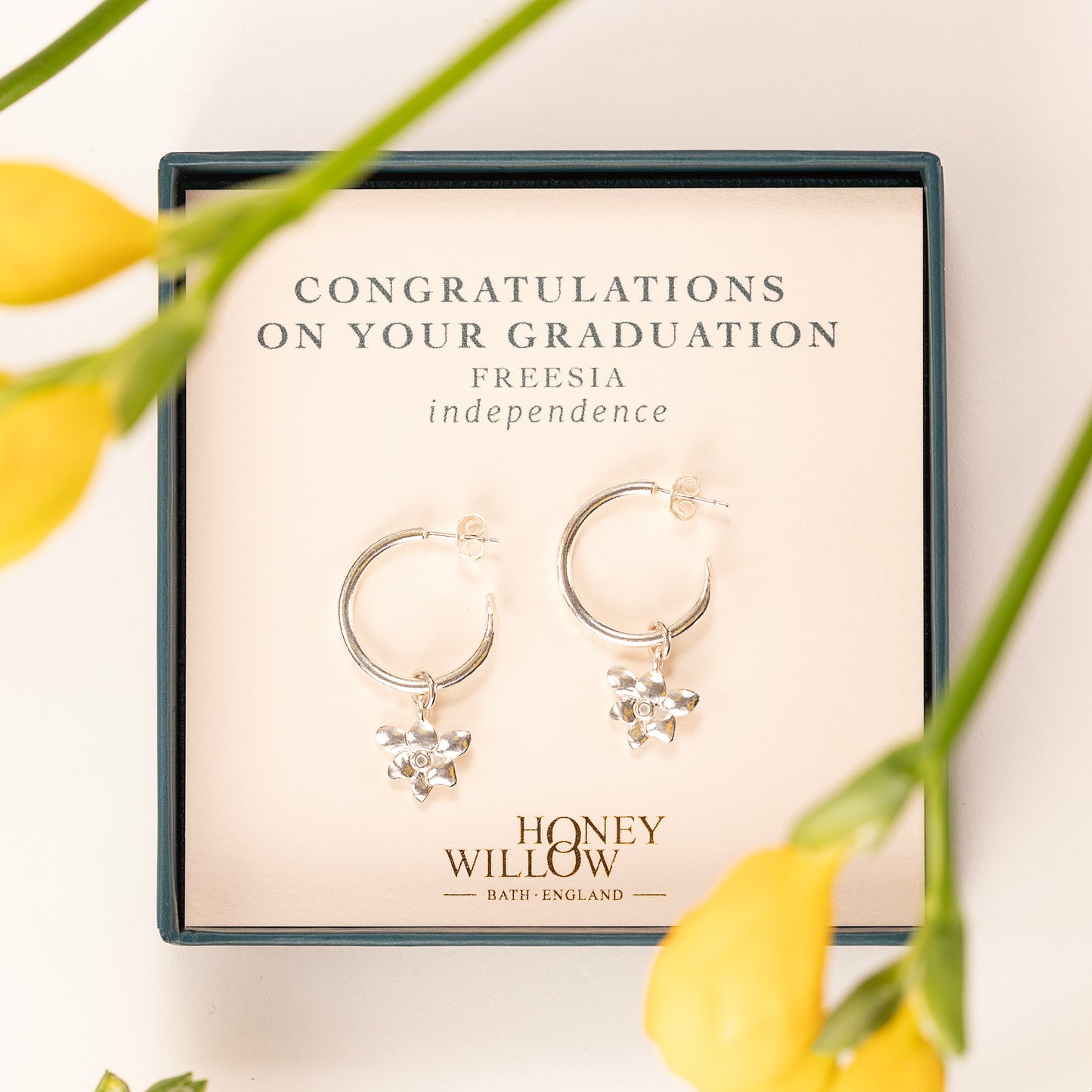 Graduation Gift - Freesia Flower Hoop Earrings - Silver - 2cm