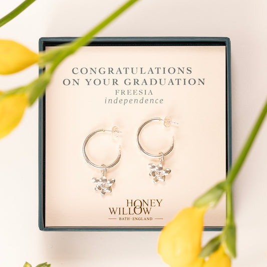 Graduation Gift - Freesia Flower Hoop Earrings - Silver - 2cm