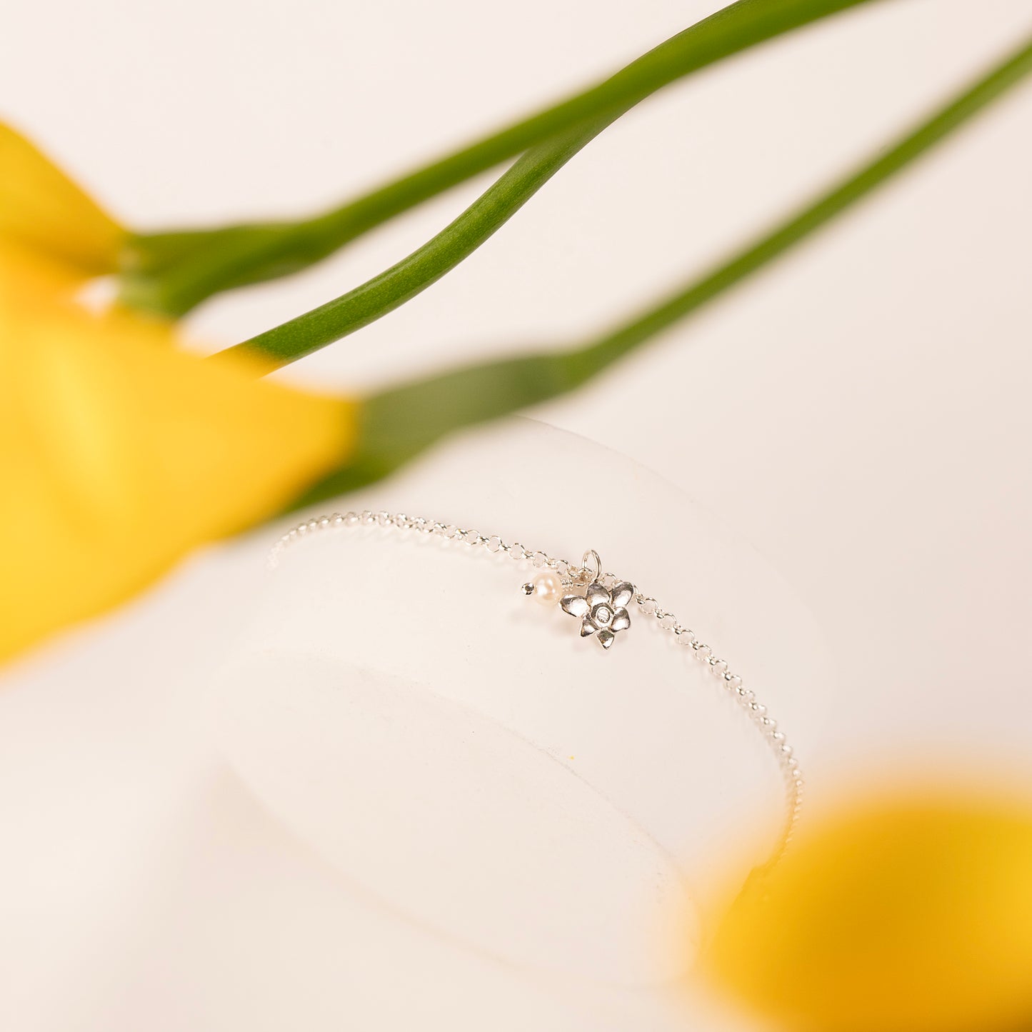 Graduation Gift - Delicate Freesia Flower & Pearl Bracelet - Independence - Silver