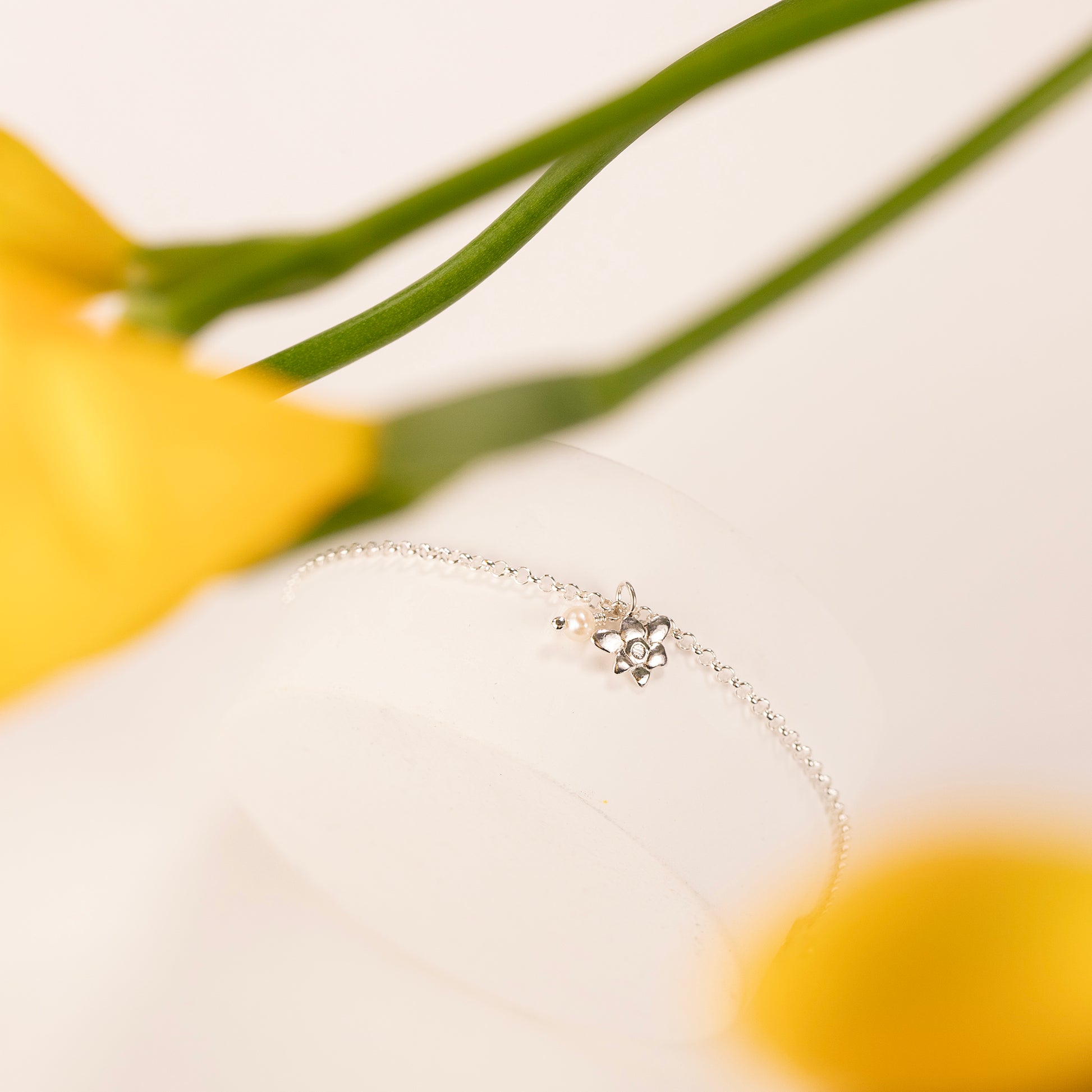 7th Anniversary Gift - Delicate Freesia & Pearl Bracelet - Silver