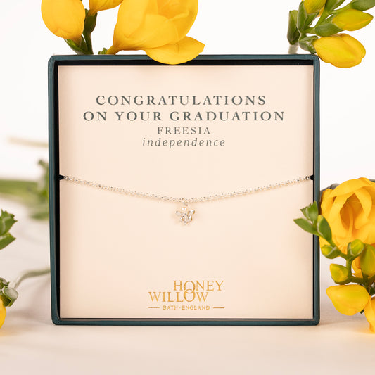 Graduation Gift - Delicate Freesia Flower & Pearl Bracelet - Independence - Silver