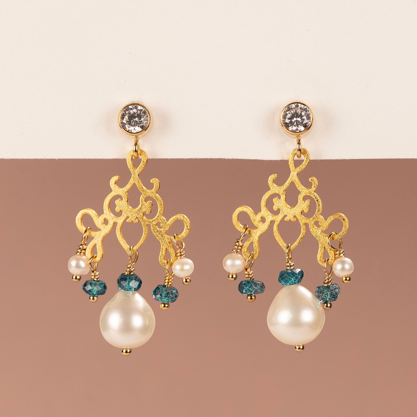 Filigree, Blue Topaz & Pearl Earrings - Bridgerton Inspired - Charlotte
