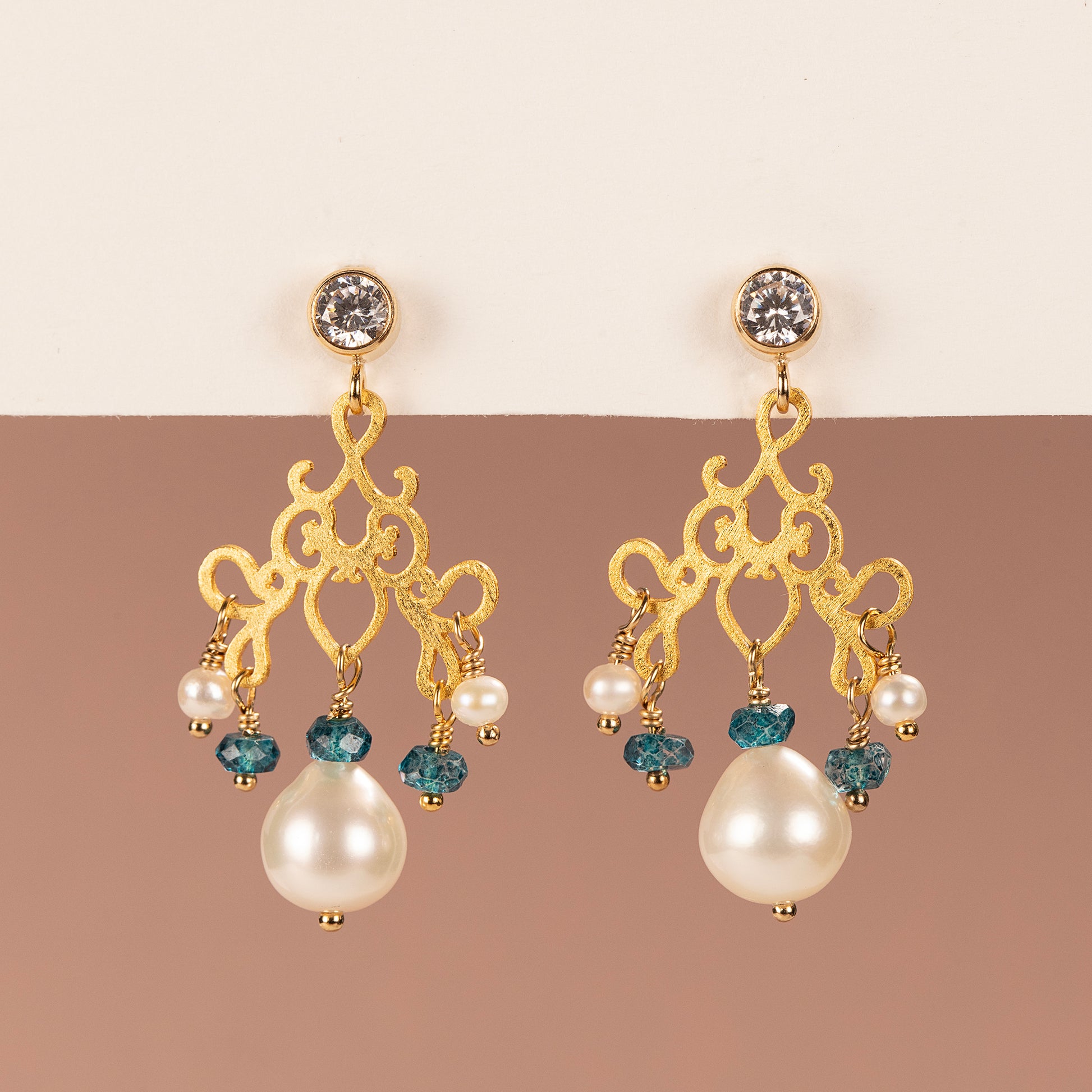 Filigree, Blue Topaz & Pearl Earrings - Bridgerton Inspired - Charlotte