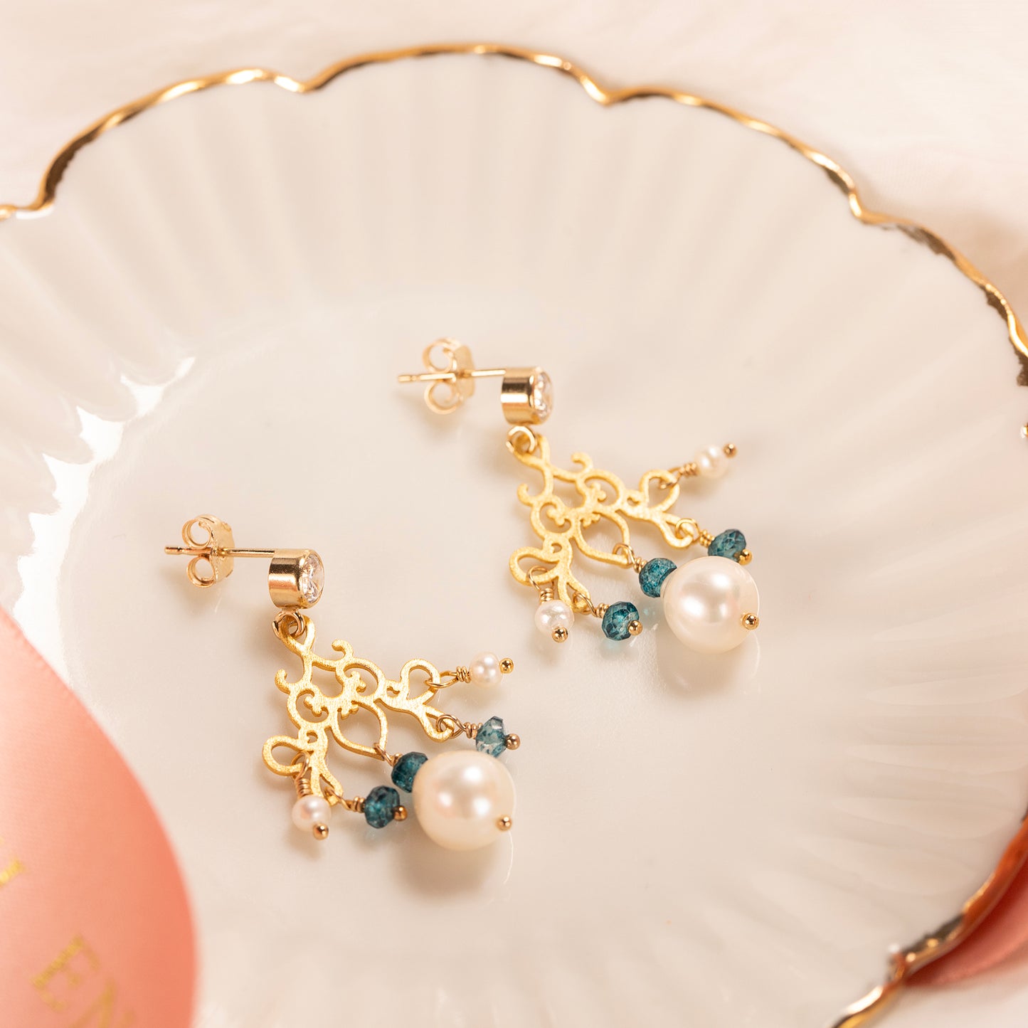 Filigree, Blue Topaz & Pearl Earrings - Bridgerton Inspired - Charlotte