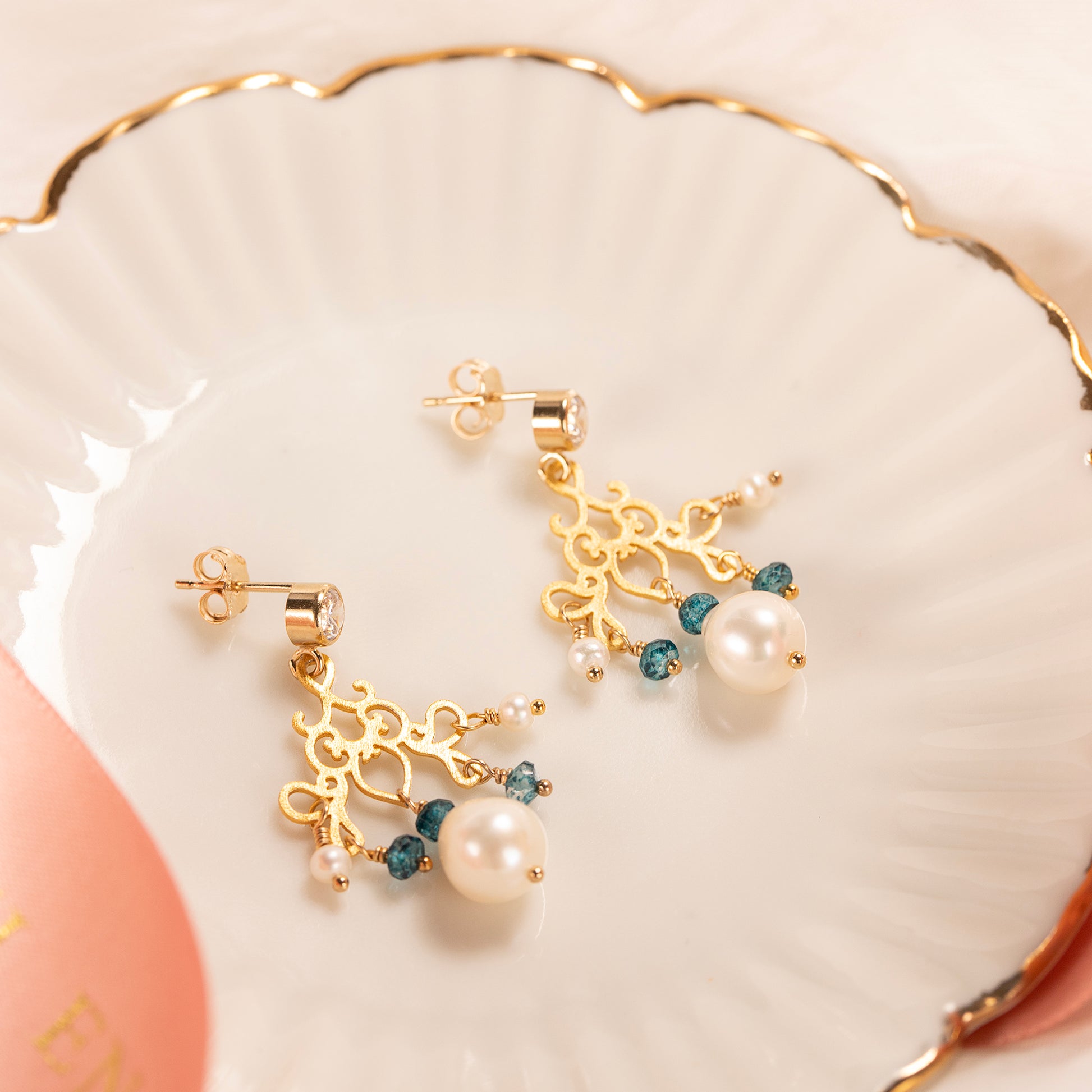 Filigree, Blue Topaz & Pearl Earrings - Bridgerton Inspired - Charlotte
