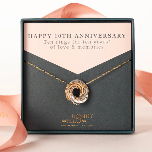 Personalised 10th Anniversary Birthstone Necklace - The Original 10 Rings for 10 Years - Petite Silver & Gold