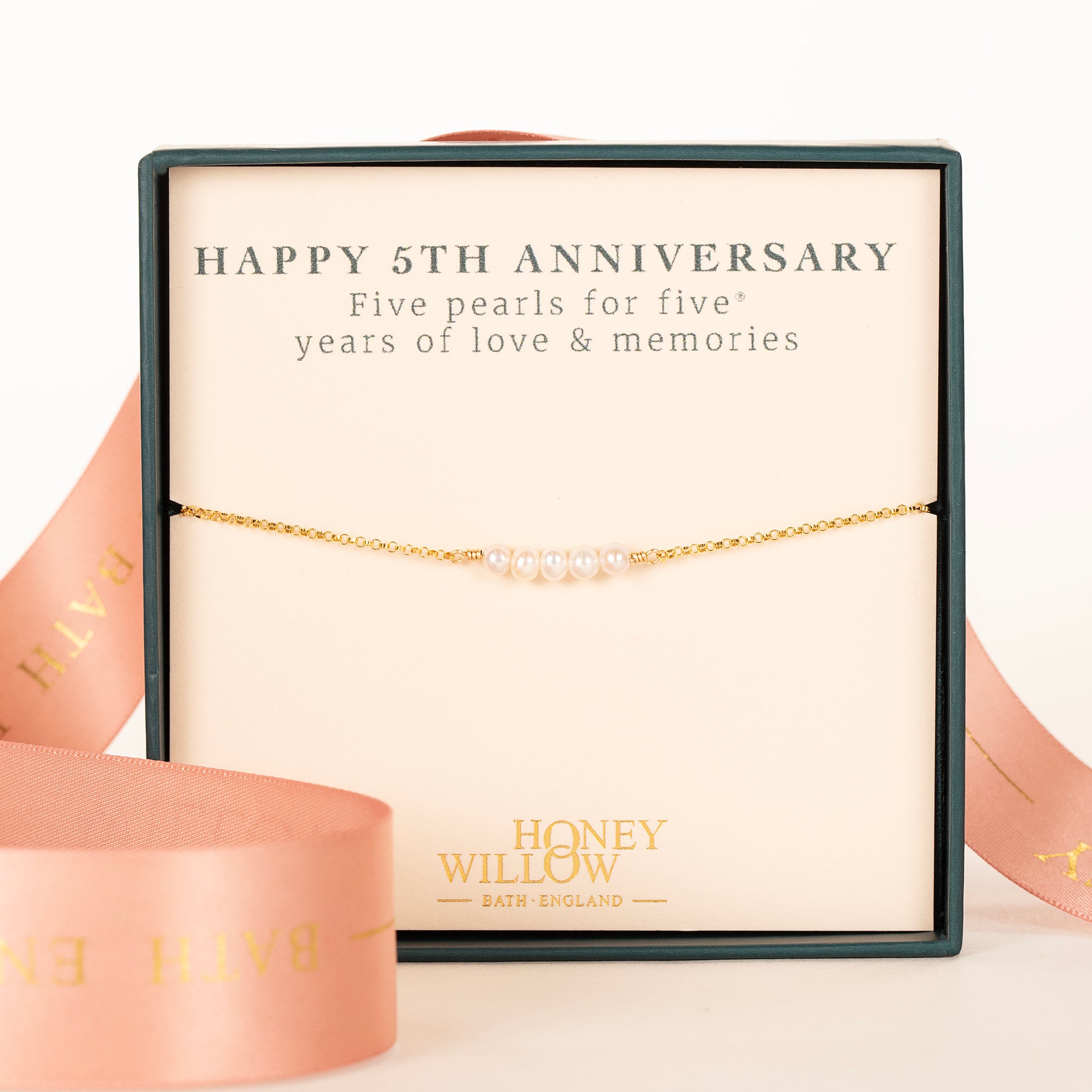 5th Anniversary Bracelet - 5 Pearls for 5 Years - Silver & Gold