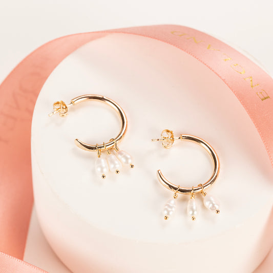Gold Hoops with Pearl Trio - 2cm