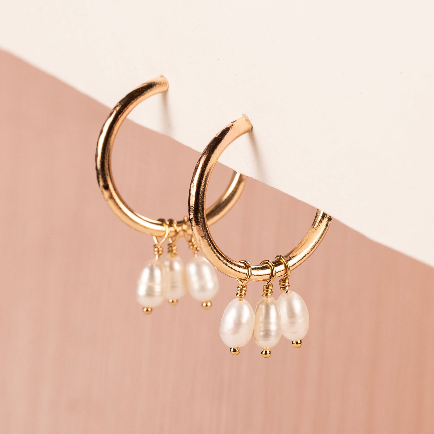 Gold Hoops with Pearl Trio - 2cm