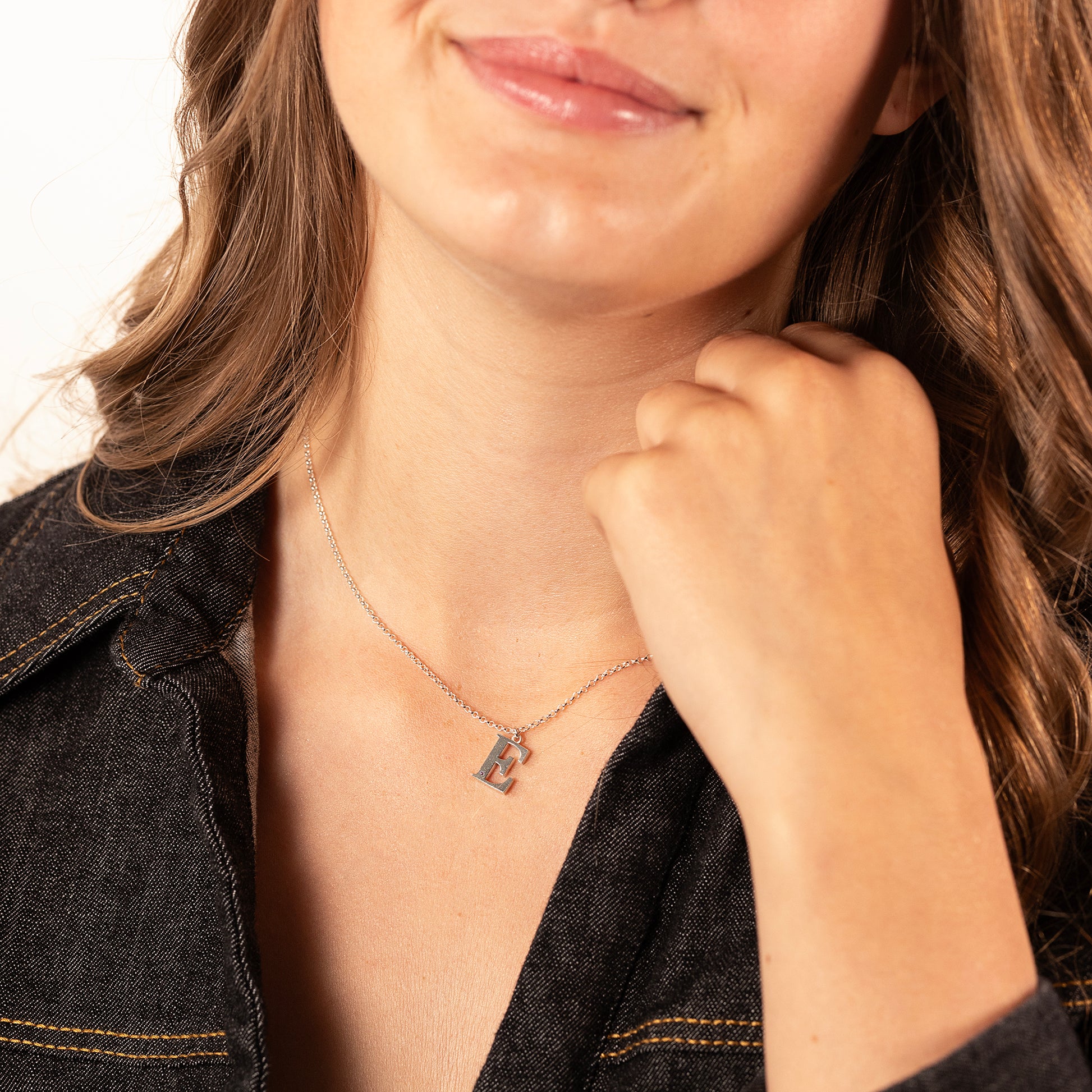 E Initial Letter & Birthstone Necklace - Silver