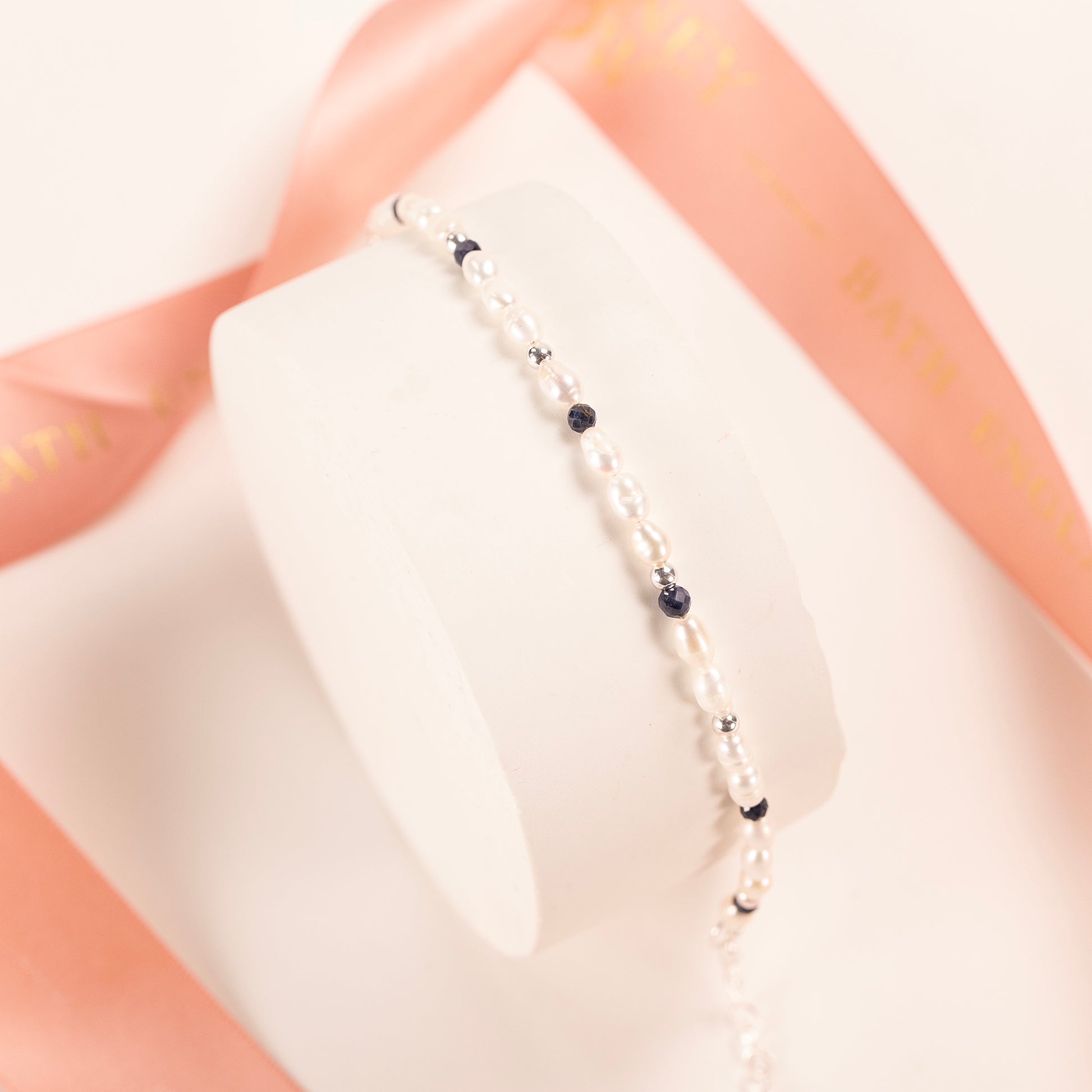 September Birthstone Bracelet - Seed Pearl & Sapphire - Silver & Gold