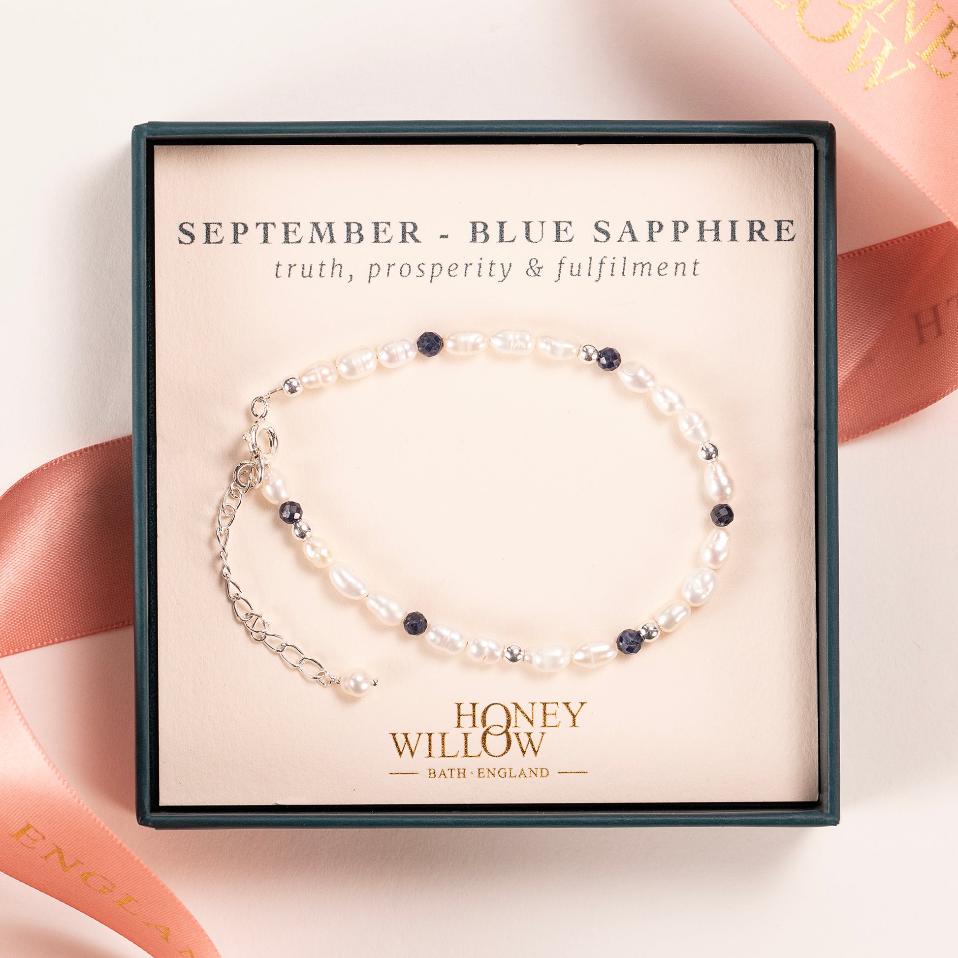 September Birthstone Bracelet - Seed Pearl & Sapphire - Silver & Gold