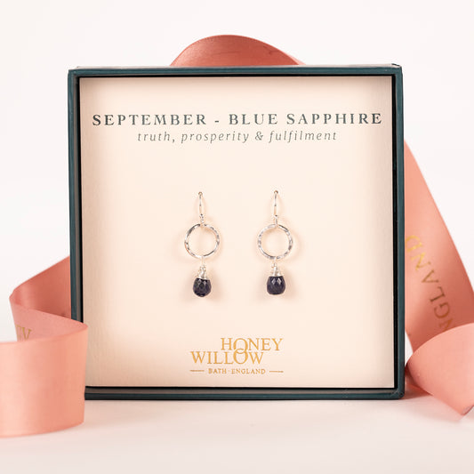 September Birthstone Circle Earrings - Sapphire - Silver & Gold