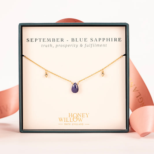 September Birthstone Briolette Choker Necklace - Sapphire - Silver & Gold