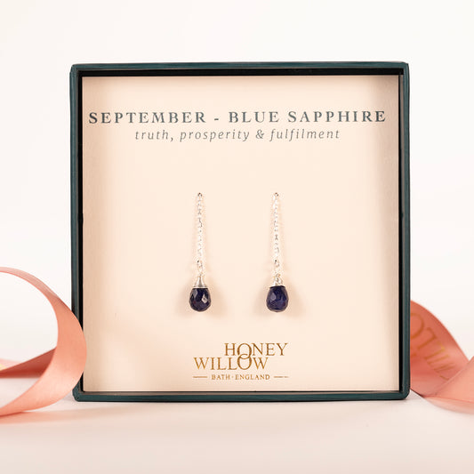 September Birthstone Threader Earrings - Sapphire - Silver & Gold