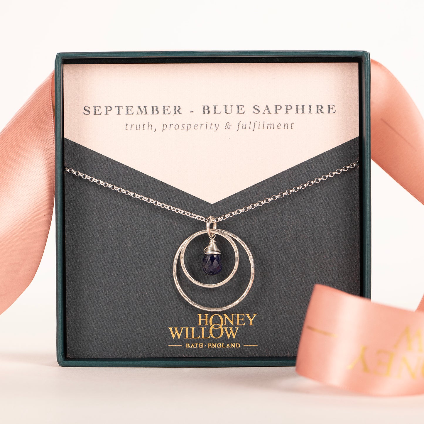 September Birthstone Double Halo Necklace - Sapphire - Silver & Gold