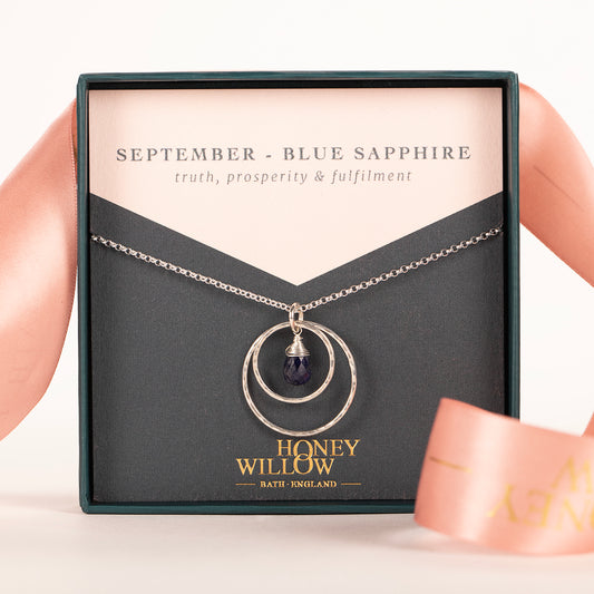 September Birthstone Double Halo Necklace - Sapphire - Silver & Gold