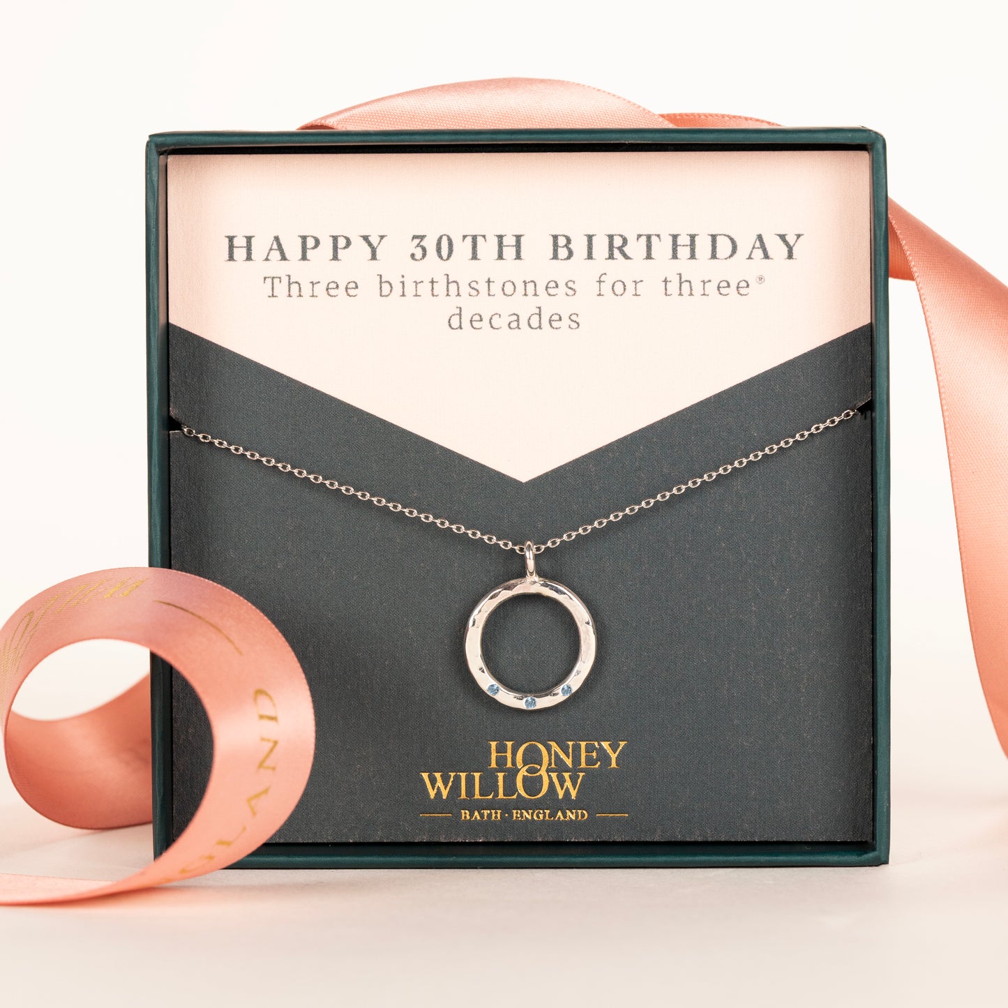 30th Birthday Birthstone Necklace - 3 Birthstones for 3 Decades - Silver Halo Necklace