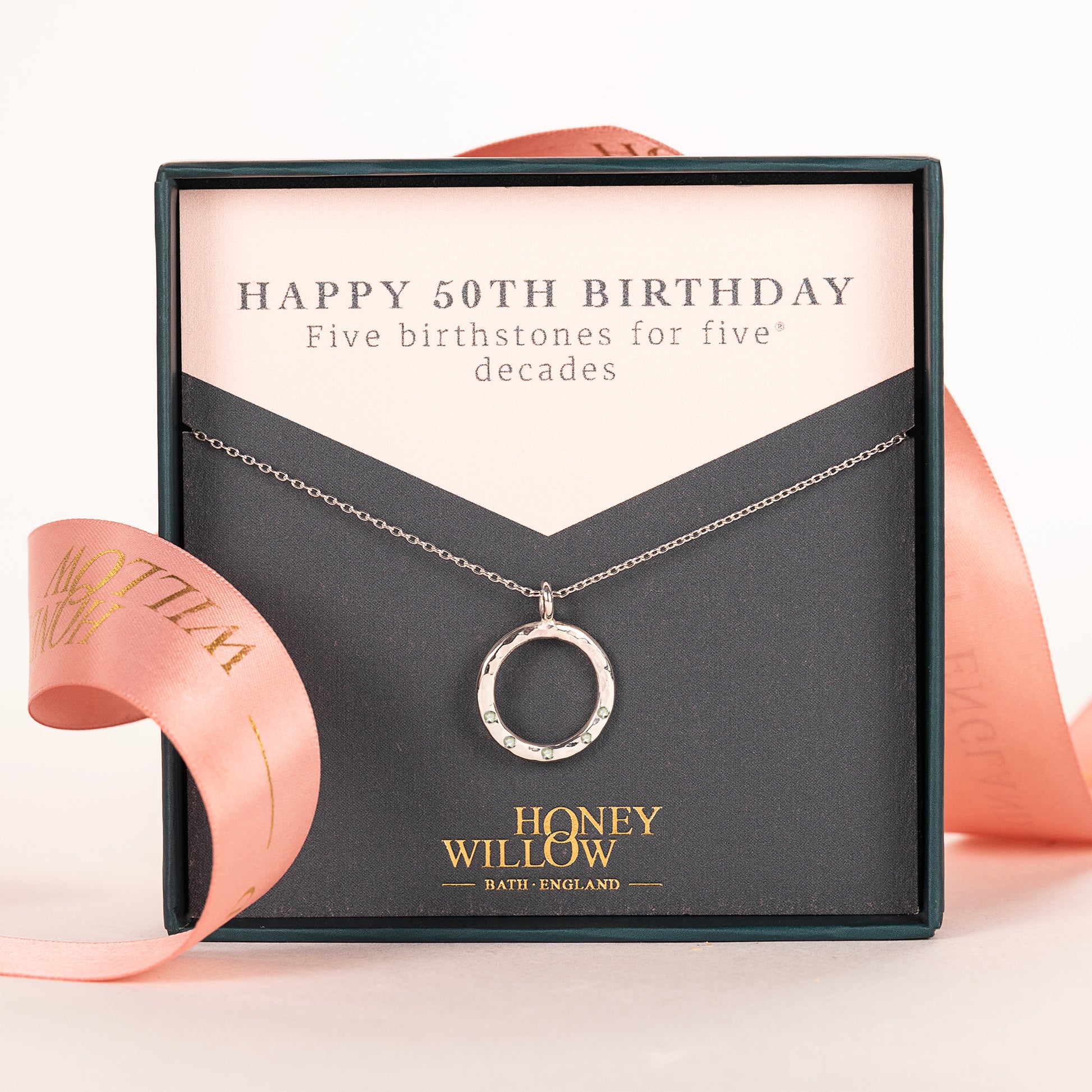 50th Birthday Birthstone Halo Necklace - 5 Birthstones for 5 Decades - Silver