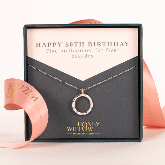 50th Birthday Birthstone Halo Necklace - 5 Birthstones for 5 Decades - Silver