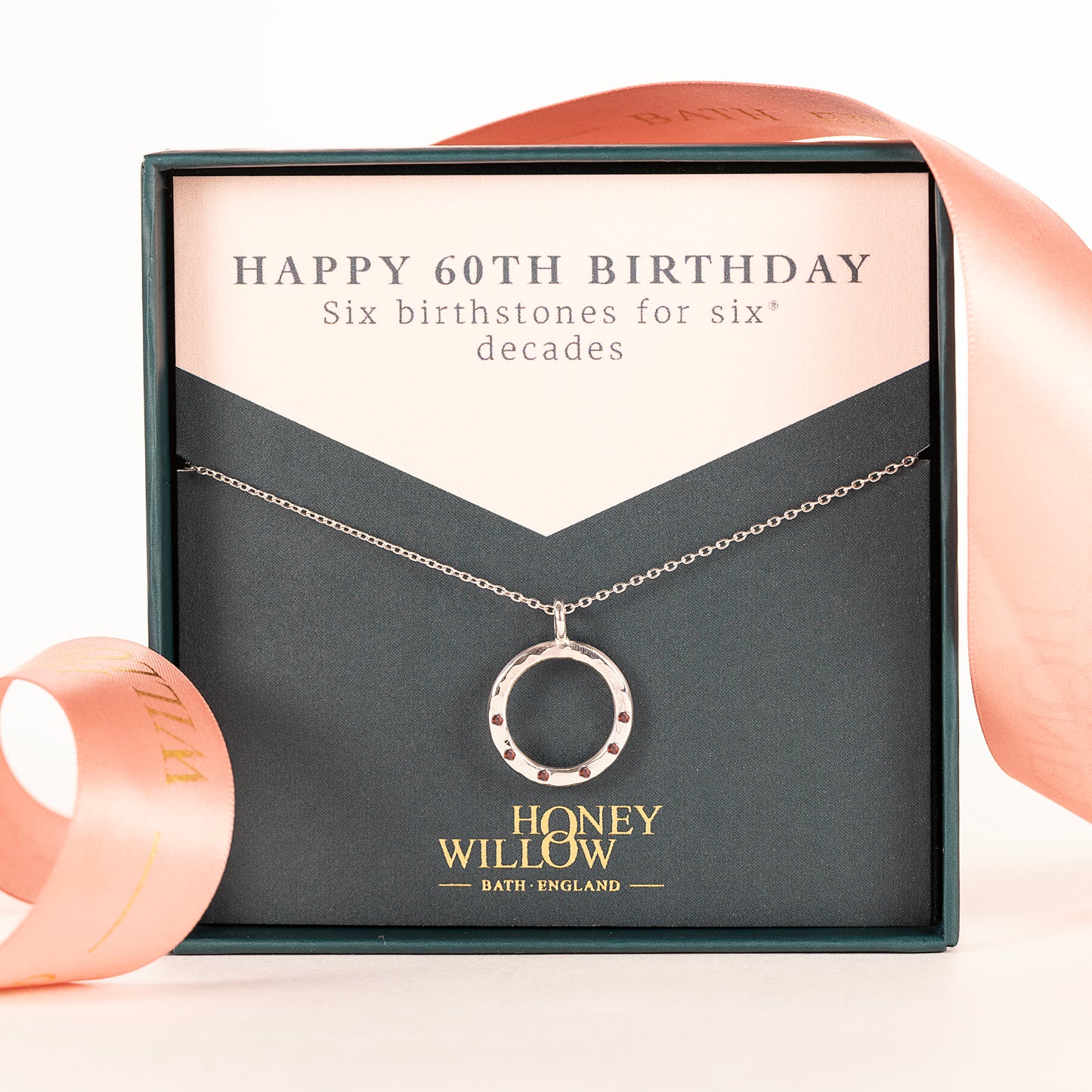 60th Birthday Birthstone Halo Necklace - 6 Birthstones for 6 Decades - Silver