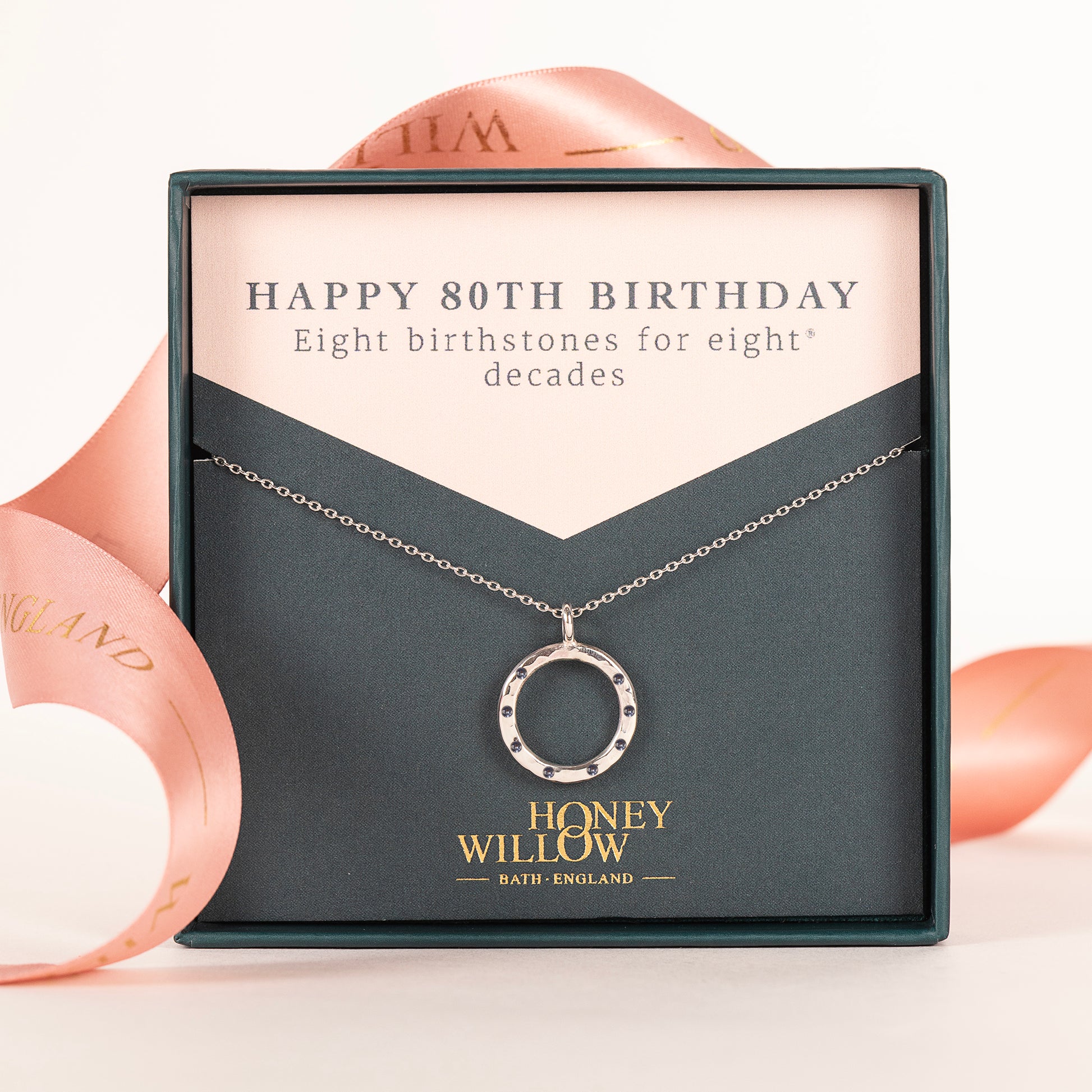 80th Birthday Birthstone Halo Necklace - 8 Birthstones for 8 Decades - Silver