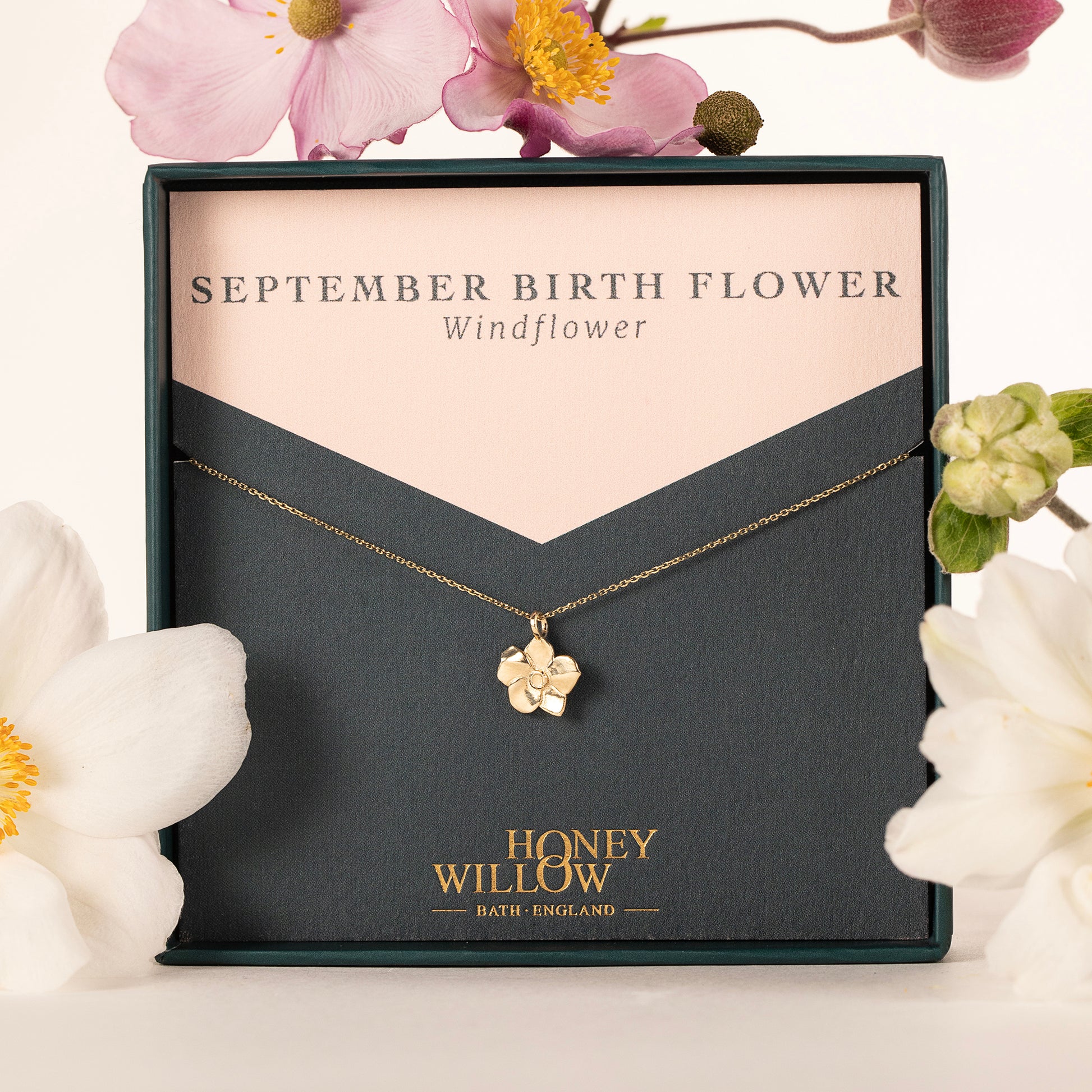 September Birth Flower Necklace - Windflower - 9kt Gold