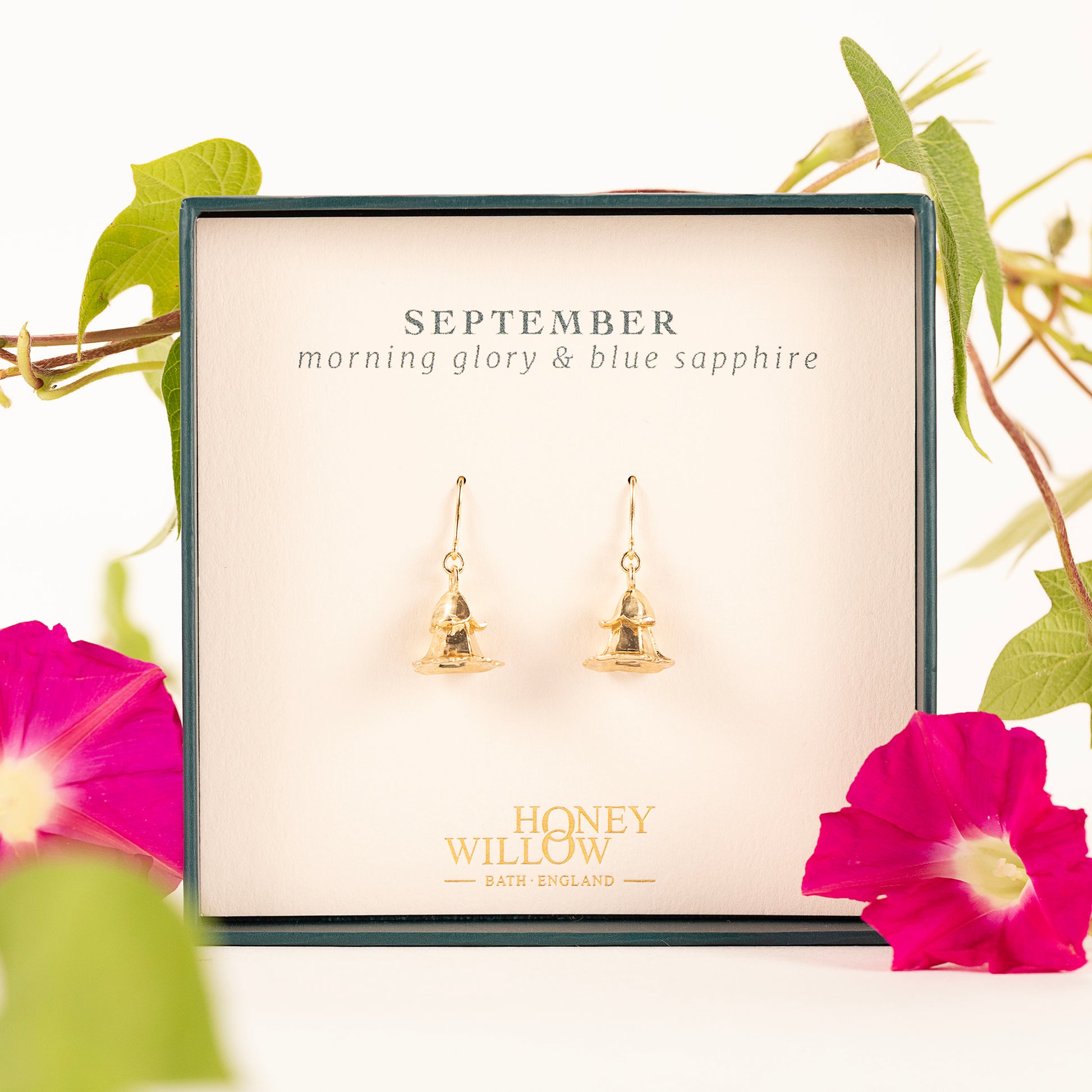 September Birth Flower & Birthstone Earrings - Morning Glory & Sapphire - 9kt Gold