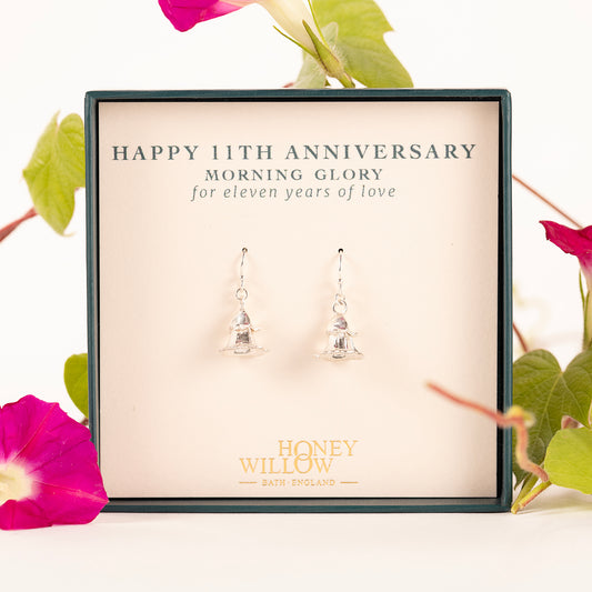 11th Anniversary Gift - Morning Glory Flower Earrings - Silver
