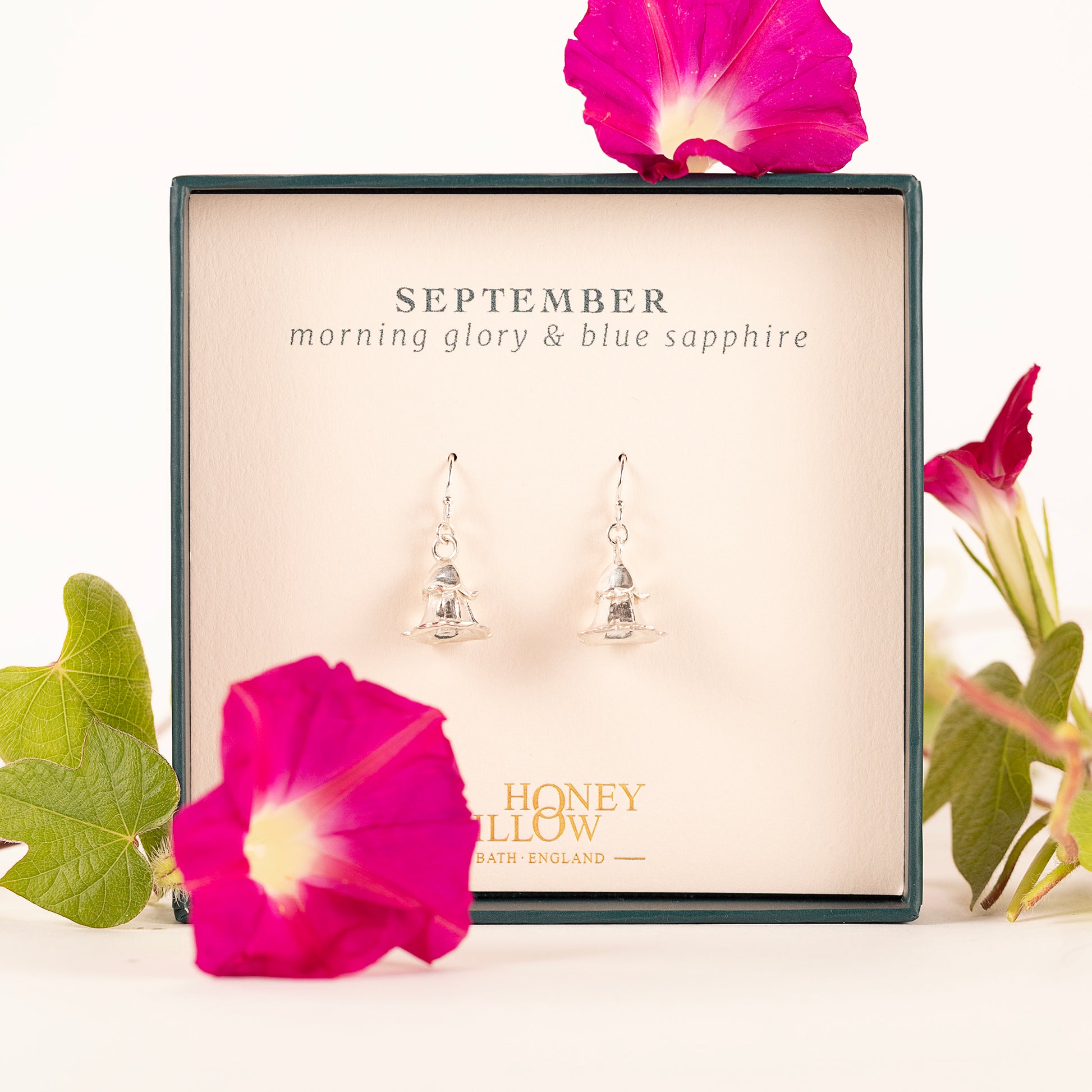 September Birth Flower & Birthstone - Morning Glory & Sapphire - Silver