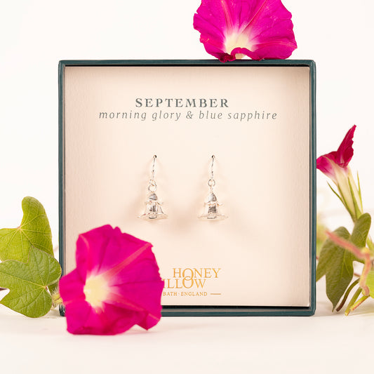 September Birth Flower & Birthstone - Morning Glory & Sapphire - Silver