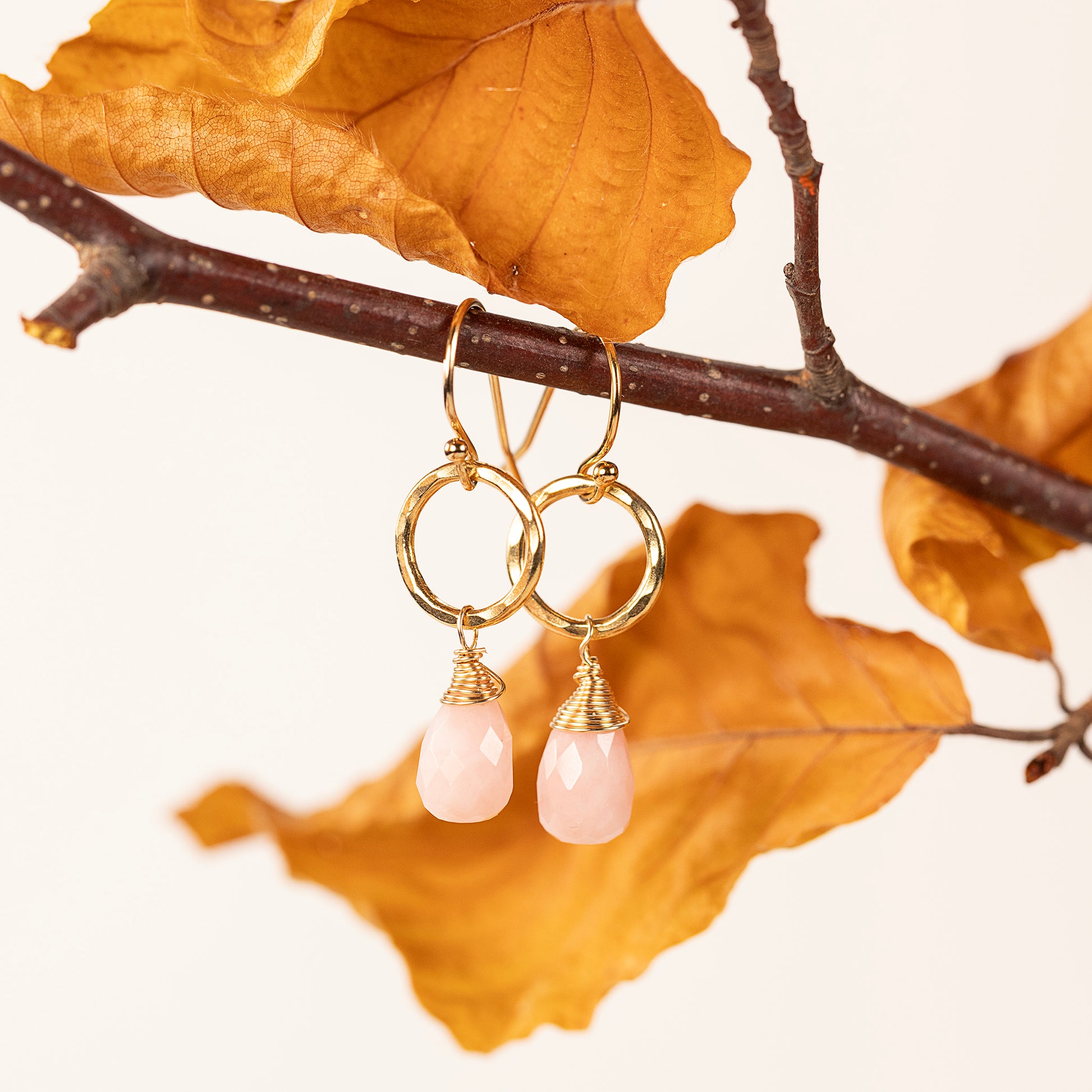 October Birthstone Circle Earrings - Pink Opal - Silver & Gold