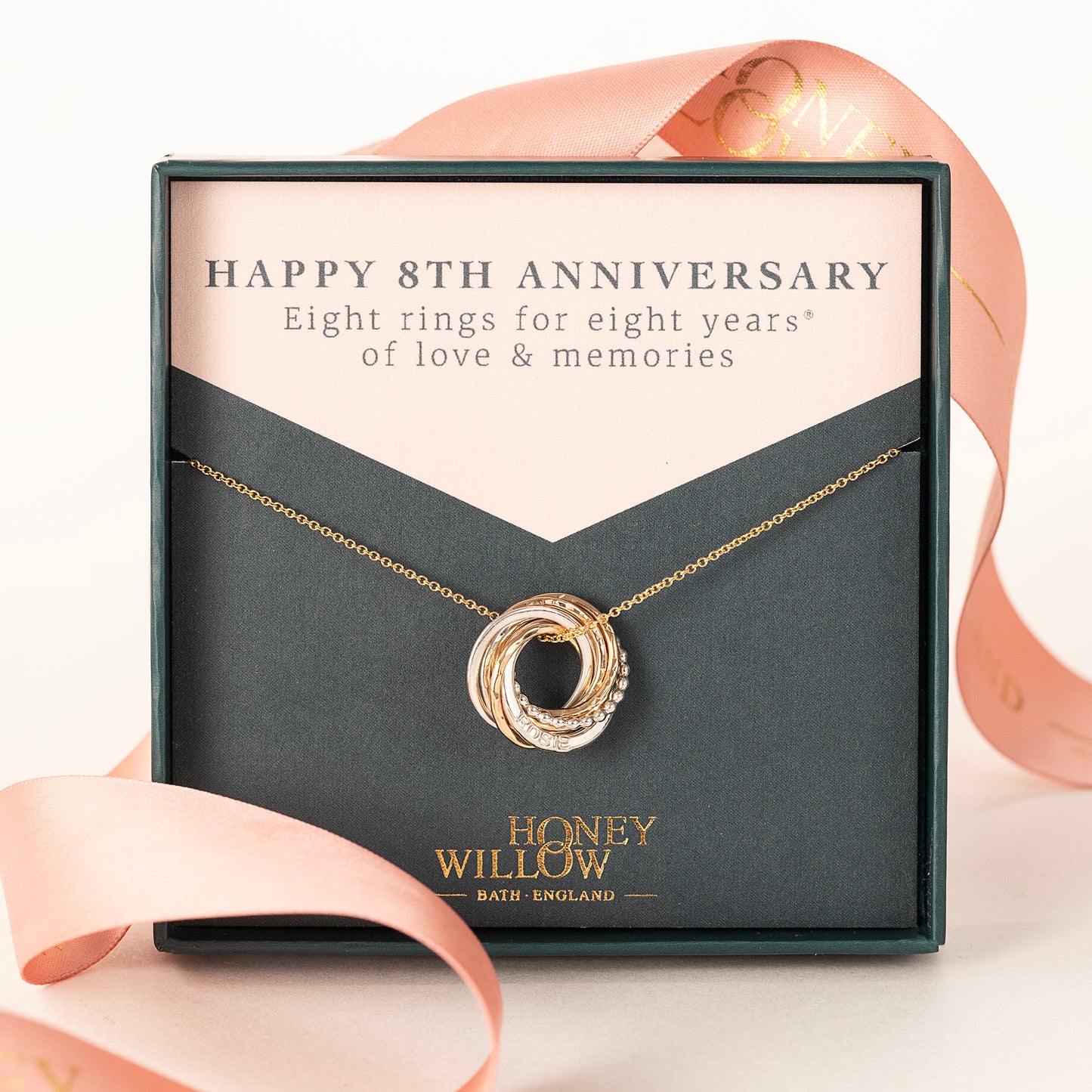 Personalised 8th Anniversary Necklace - Hand-Stamped - The Original 8 Rings for 8 Years Necklace - Petite Silver & Gold