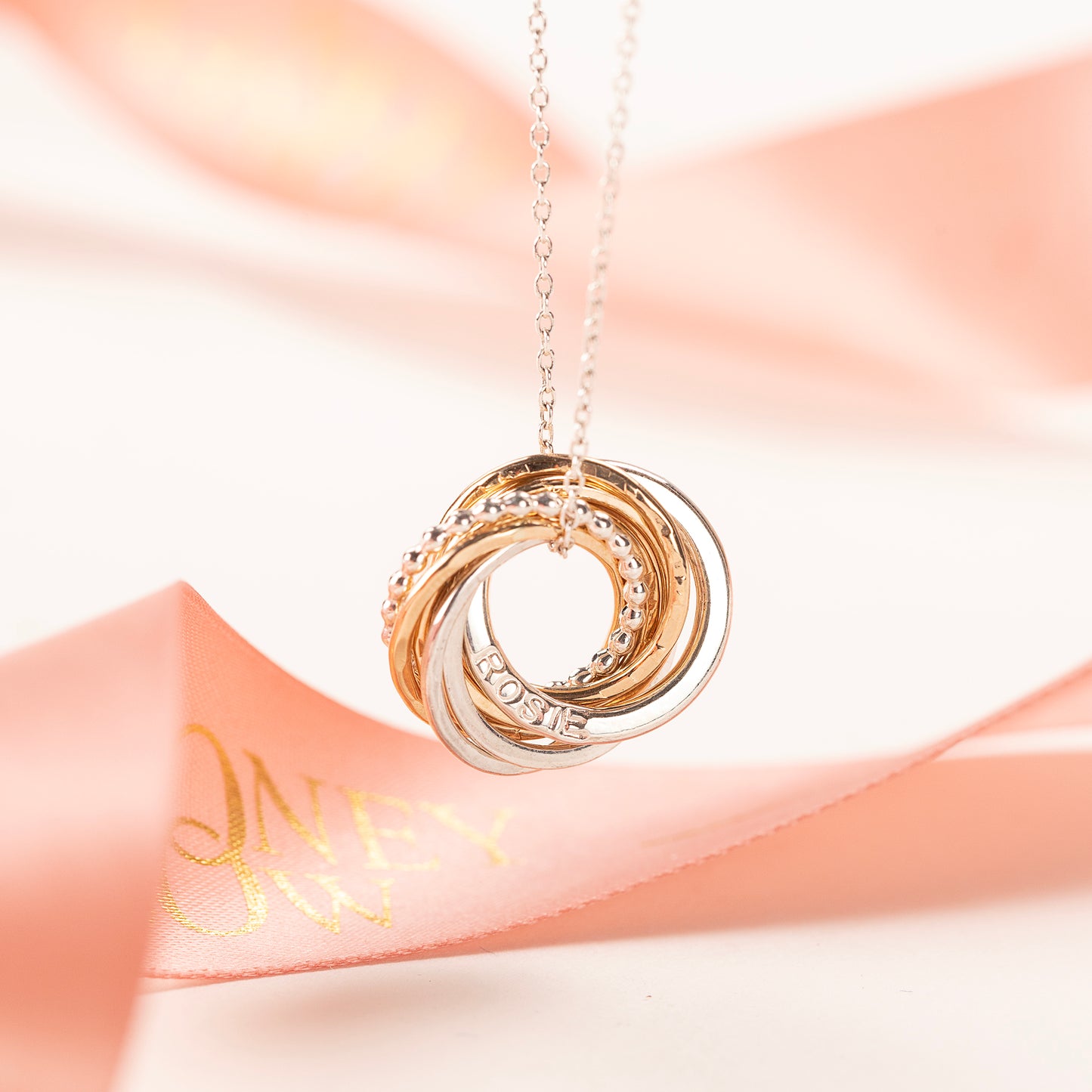 Personalised 8th Anniversary Necklace - Hand-Stamped - The Original 8 Rings for 8 Years Necklace - Petite Silver & Gold