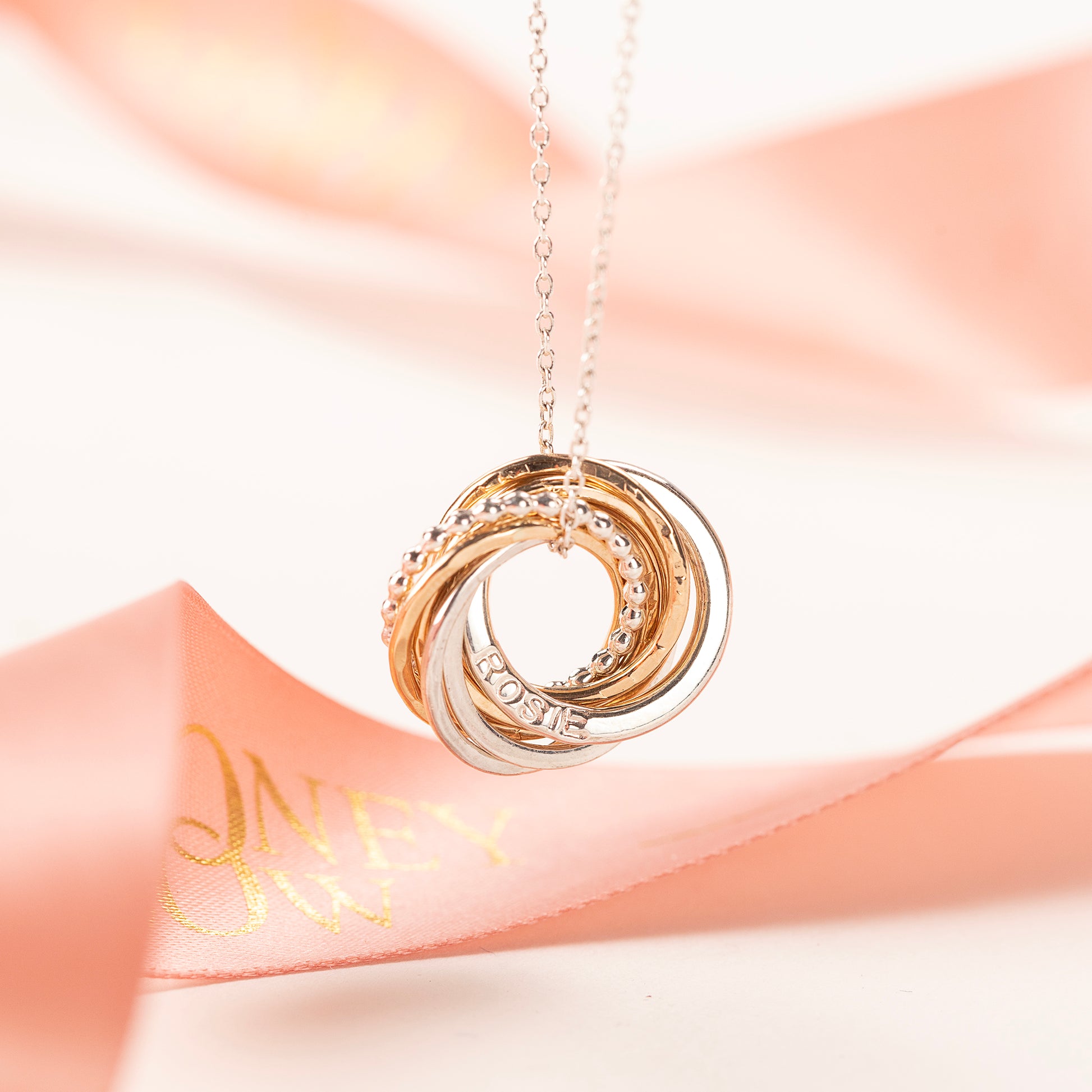 Personalised 8th Anniversary Necklace - Hand-Stamped - The Original 8 Rings for 8 Years Necklace - Petite Silver & Gold