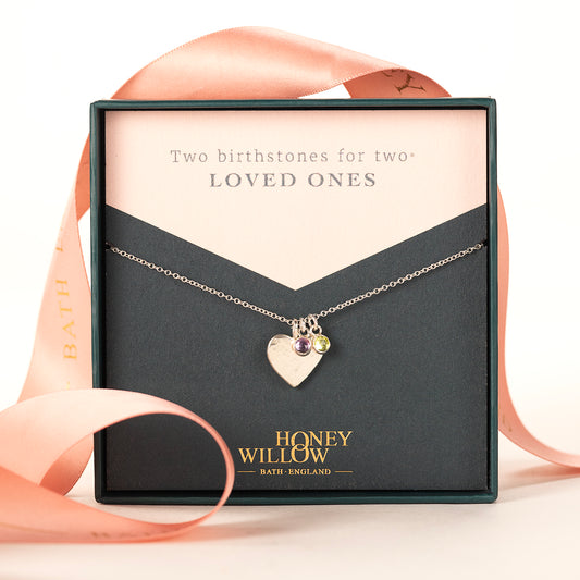 Silver Hammered Heart Necklace with 2 Birthstones for 2 Loved Ones