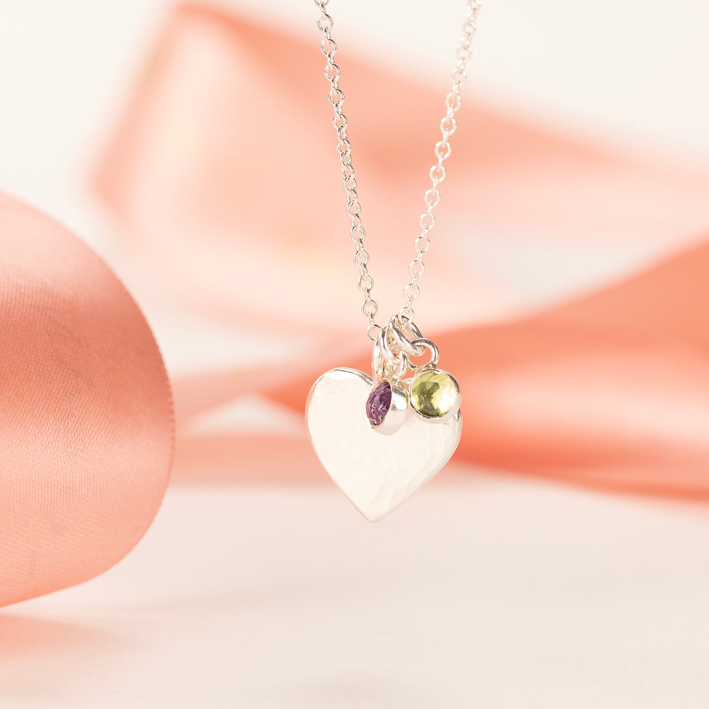 Silver Hammered Heart Necklace with 2 Birthstones for 2 Loved Ones