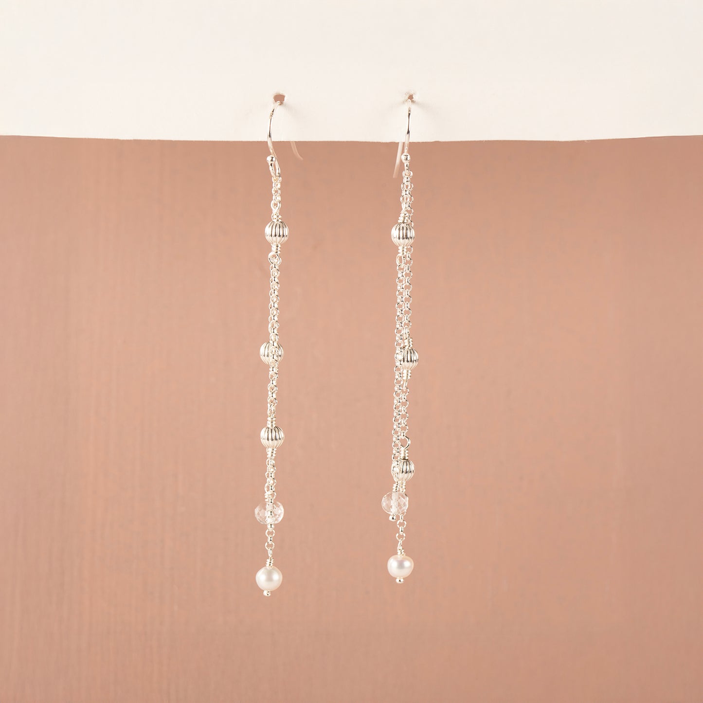Long Delicate Pearl & Rock Crystal Earrings - Silver & Gold - Eliza