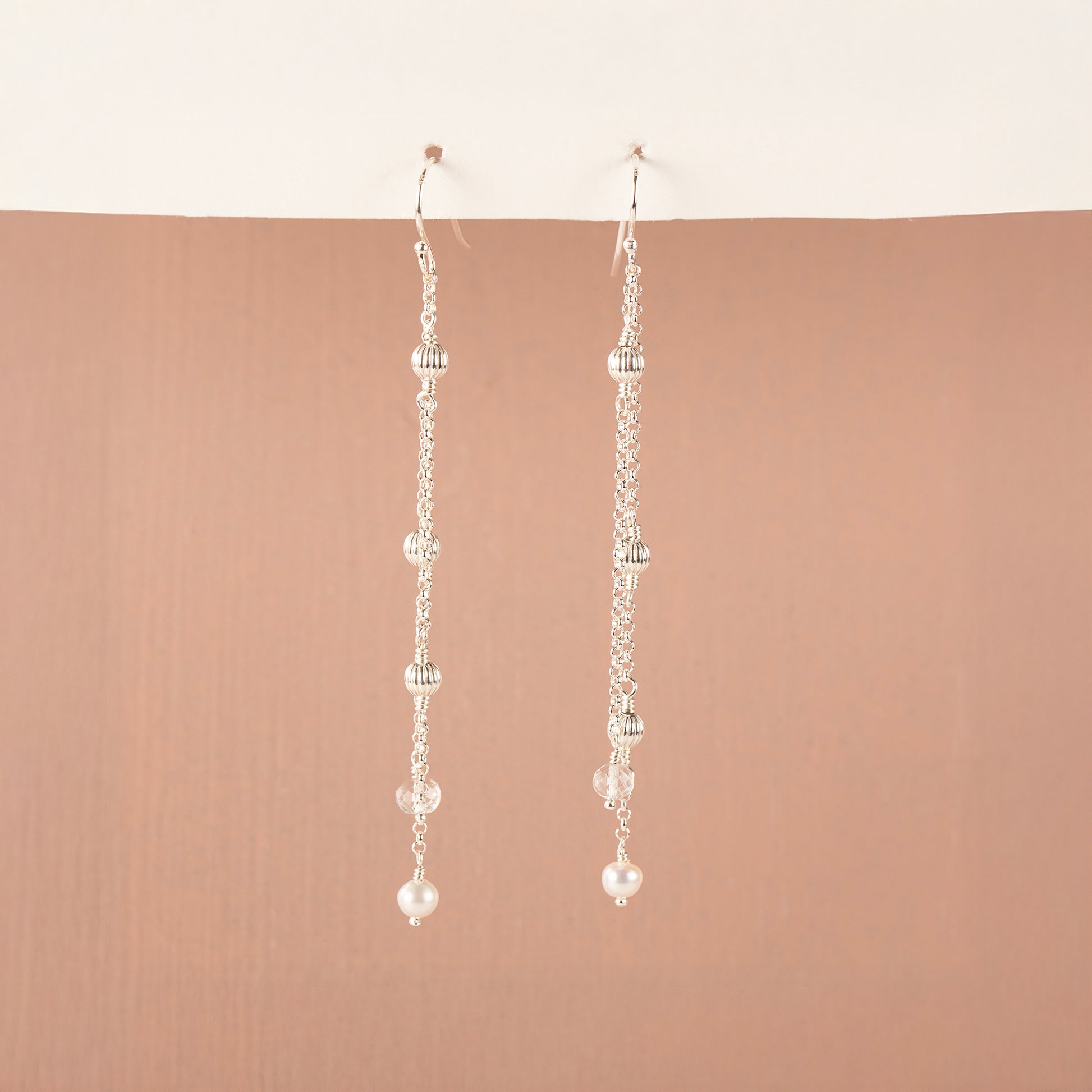 Long Delicate Pearl & Rock Crystal Earrings - Silver & Gold - Eliza