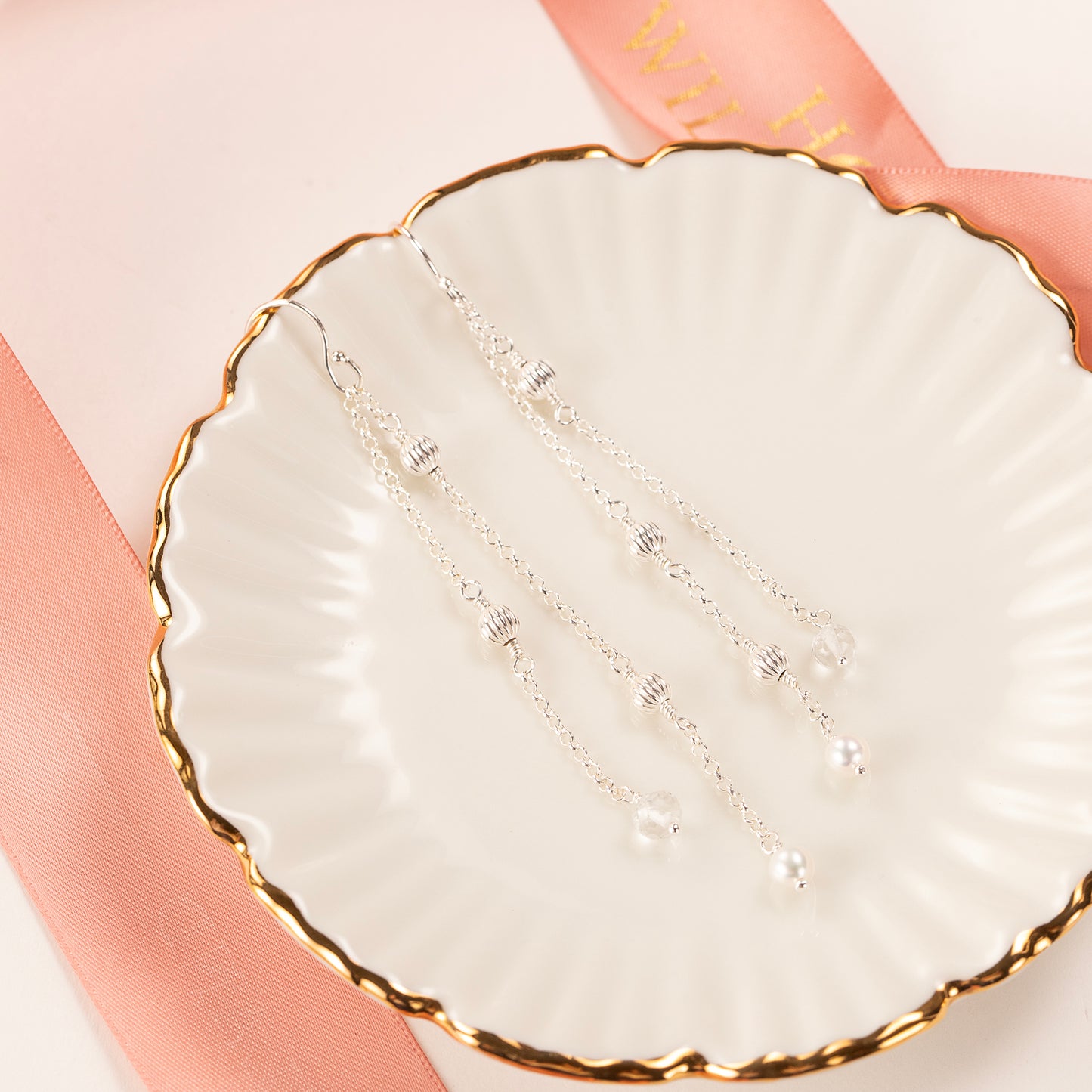 Long Delicate Pearl & Rock Crystal Earrings - Silver & Gold - Eliza